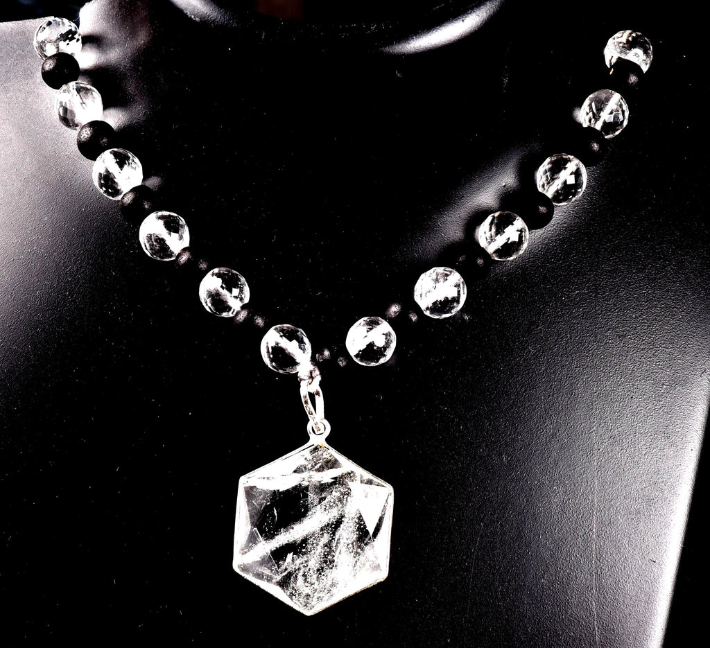 Satyaloka 10 mm faceted Quartz & Karungali Bead Mala with Hexagonal Pendant#8072