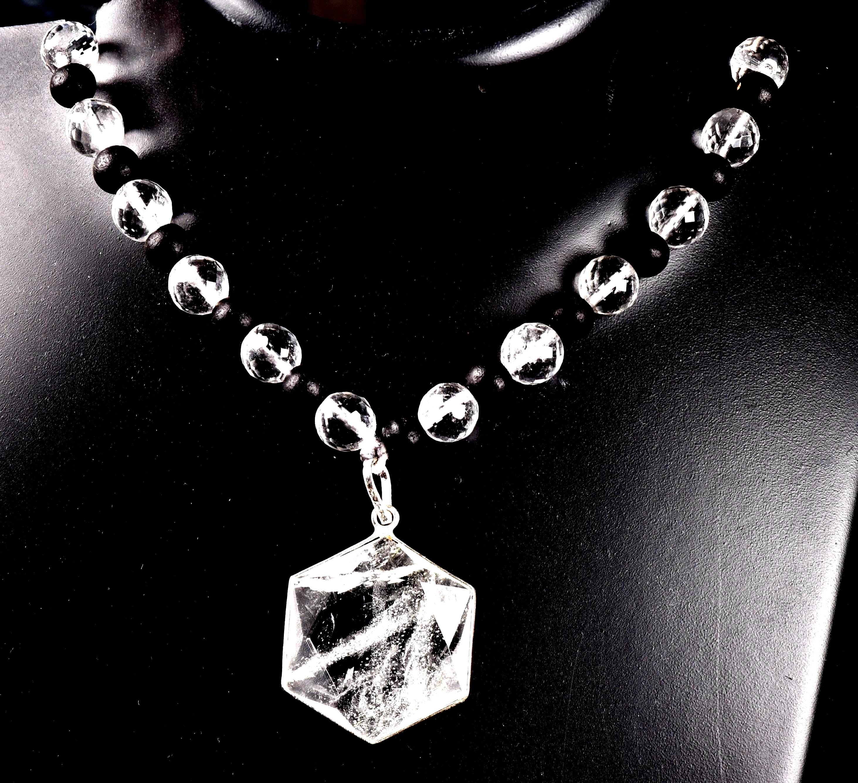 Satyaloka 10 mm faceted Quartz & Karungali Bead Mala with Hexagonal Pendant#8072