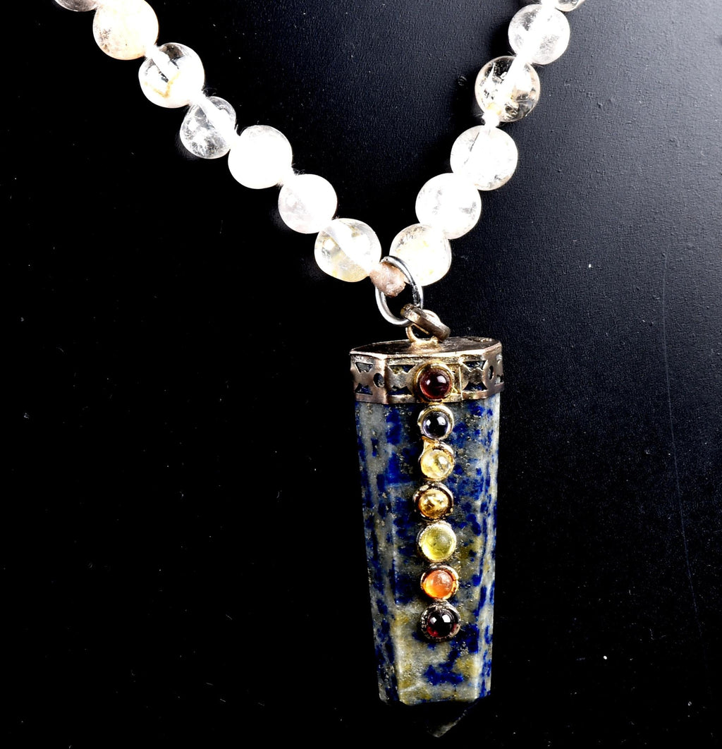 Satyaloka Satyamani quartz ,Himalayan gold ,agnitite, rutile baroque beads  Necklace with lapiz lazuli pendant  #8079