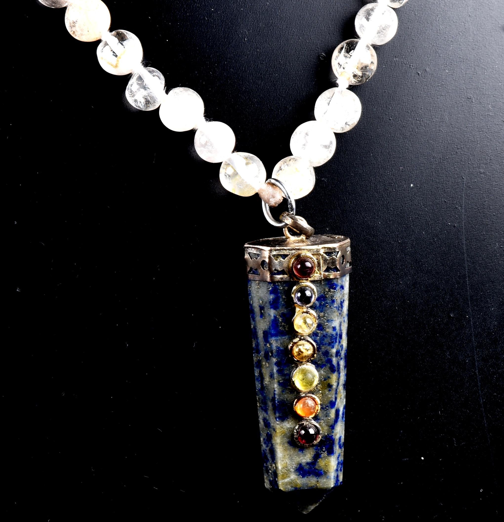 Satyaloka Satyamani quartz ,Himalayan gold ,agnitite, rutile baroque beads  Necklace with lapiz lazuli pendant  #8079