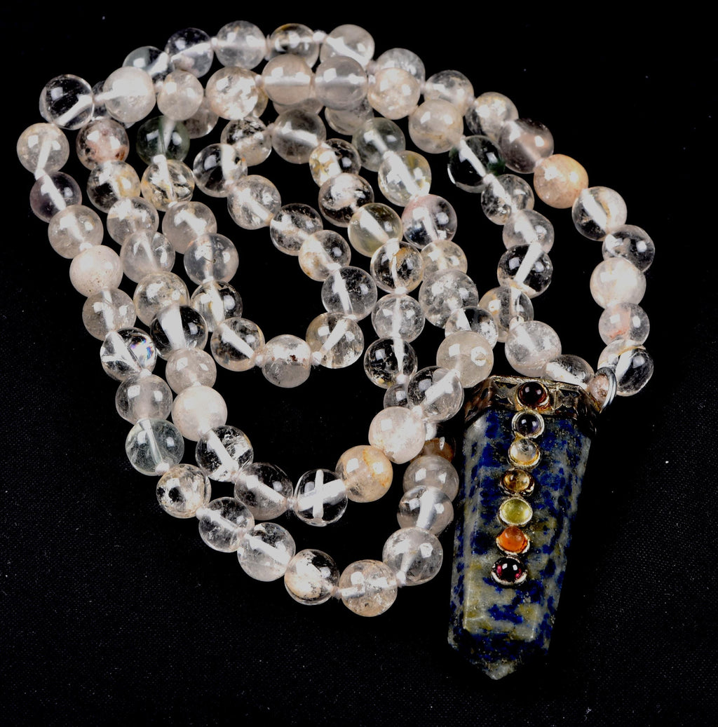 Satyaloka Satyamani quartz ,Himalayan gold ,agnitite, rutile baroque beads  Necklace with lapiz lazuli pendant  #8079