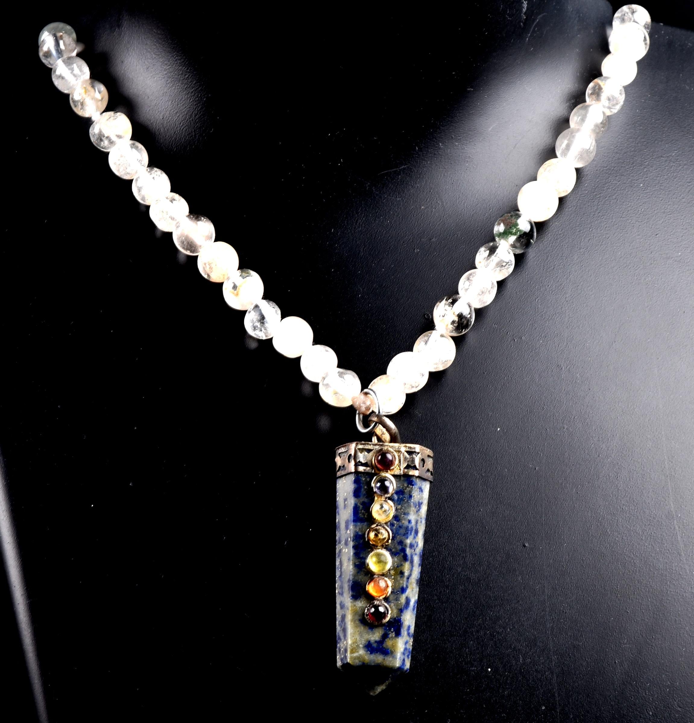 Satyaloka Satyamani quartz ,Himalayan gold ,agnitite, rutile baroque beads  Necklace with lapiz lazuli pendant  #8079