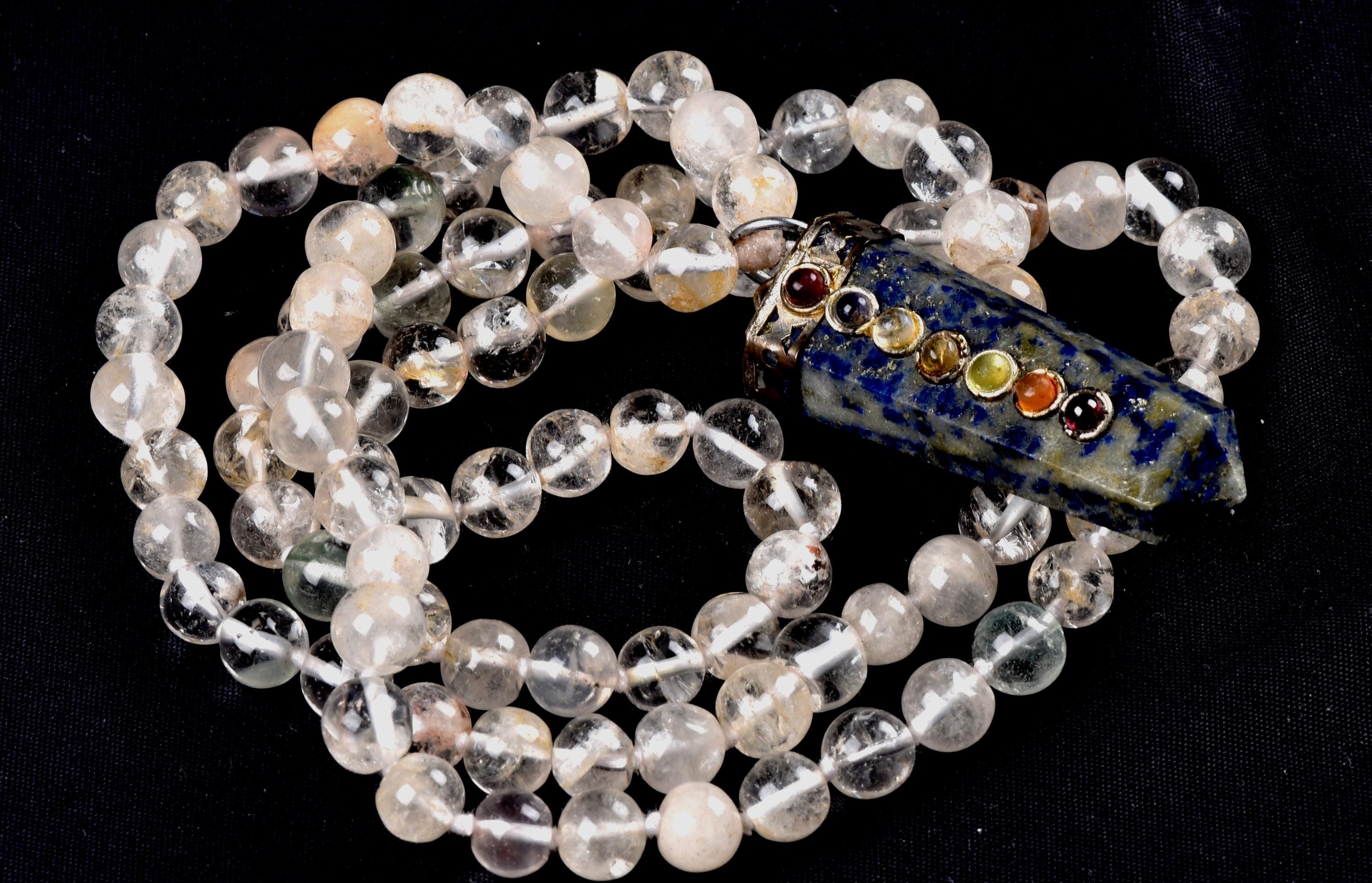 Satyaloka Satyamani quartz ,Himalayan gold ,agnitite, rutile baroque beads  Necklace with lapiz lazuli pendant  #8079