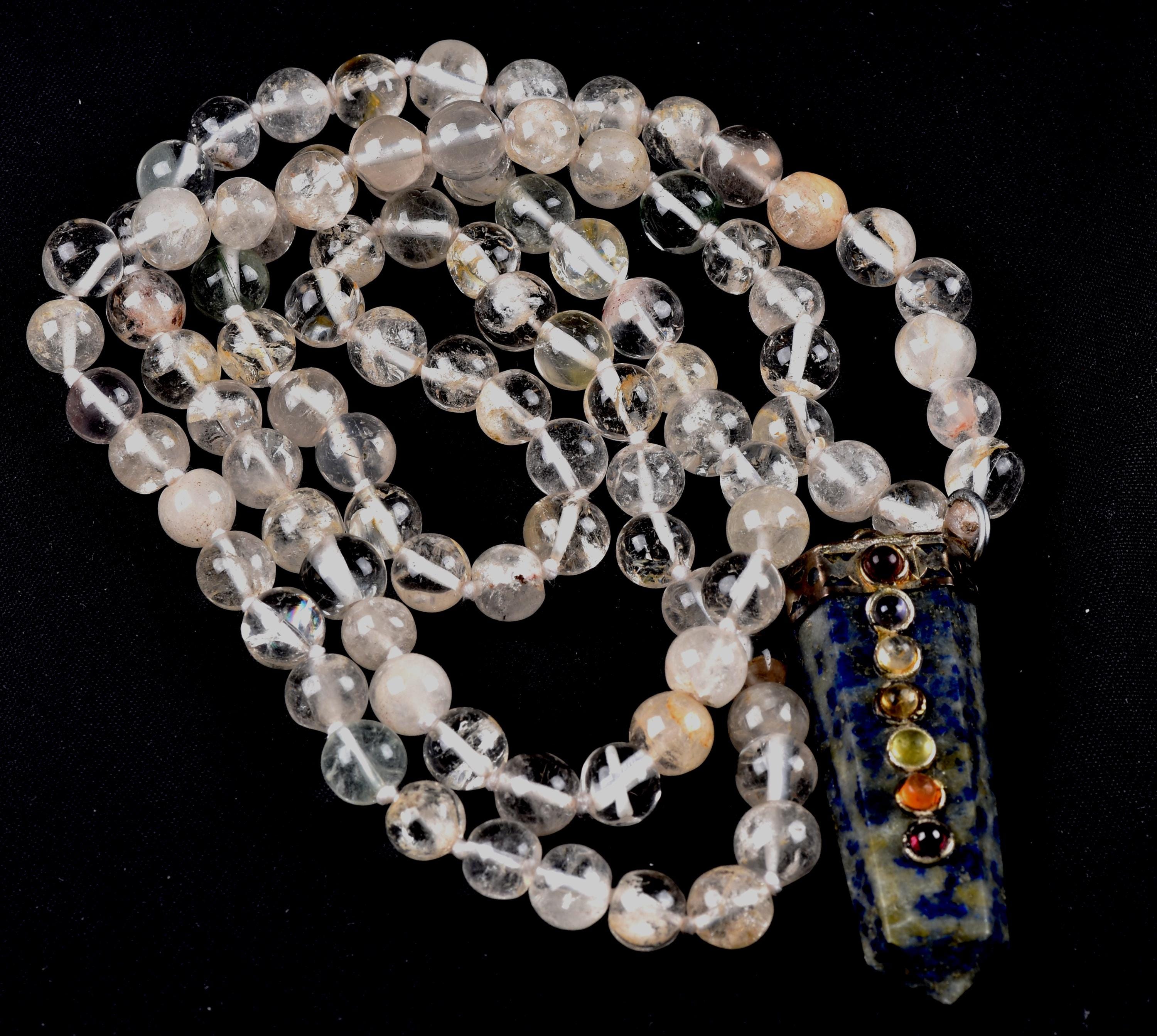 Satyaloka Satyamani quartz ,Himalayan gold ,agnitite, rutile baroque beads  Necklace with lapiz lazuli pendant  #8079