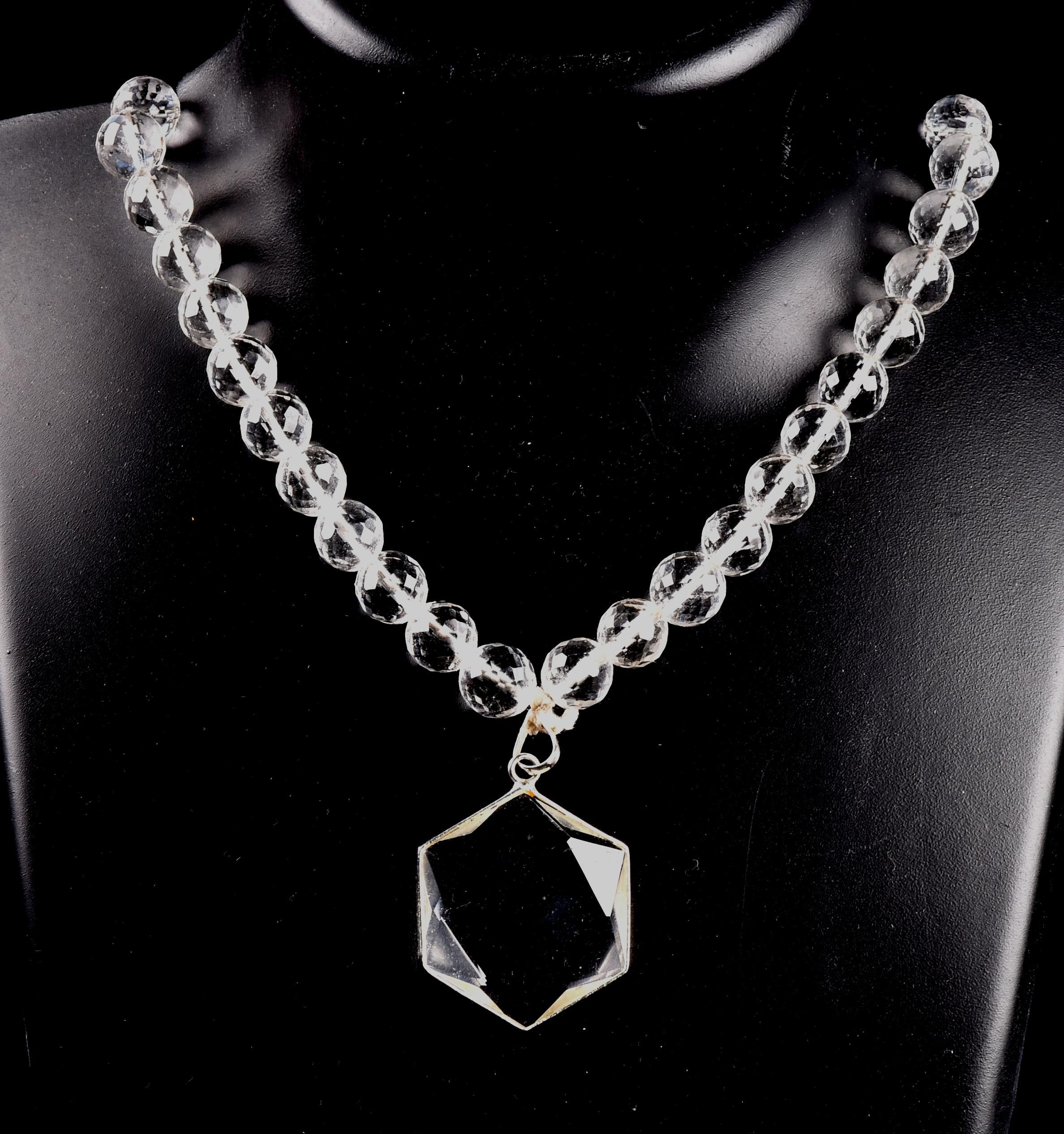 Satyaloka Quartz Necklace,10 mm Faceted Crystal Beads with Hexagonal Pendant#8071