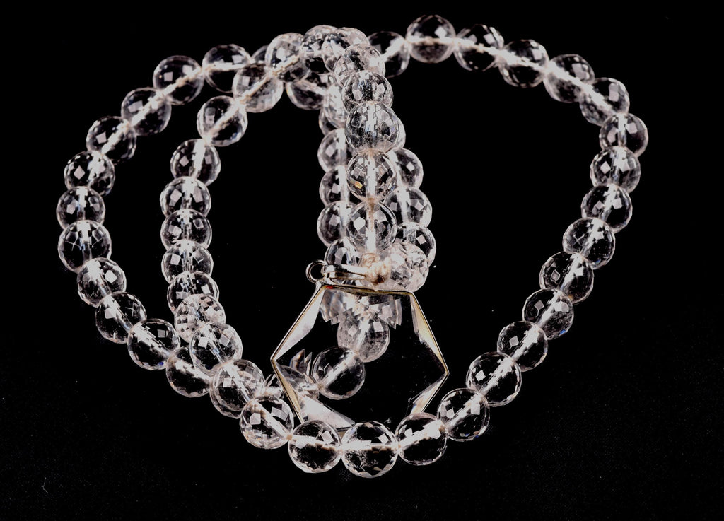 Satyaloka Quartz Necklace,10 mm Faceted Crystal Beads with Hexagonal Pendant#8071