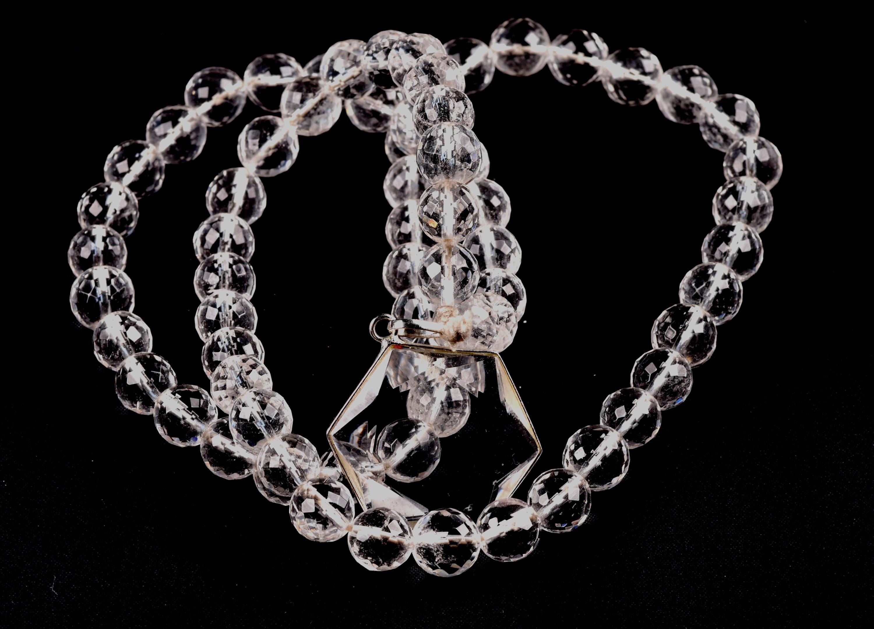 Satyaloka Quartz Necklace,10 mm Faceted Crystal Beads with Hexagonal Pendant#8071