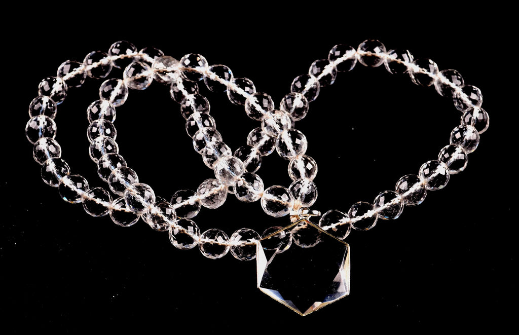 Satyaloka Quartz Necklace,10 mm Faceted Crystal Beads with Hexagonal Pendant#8071