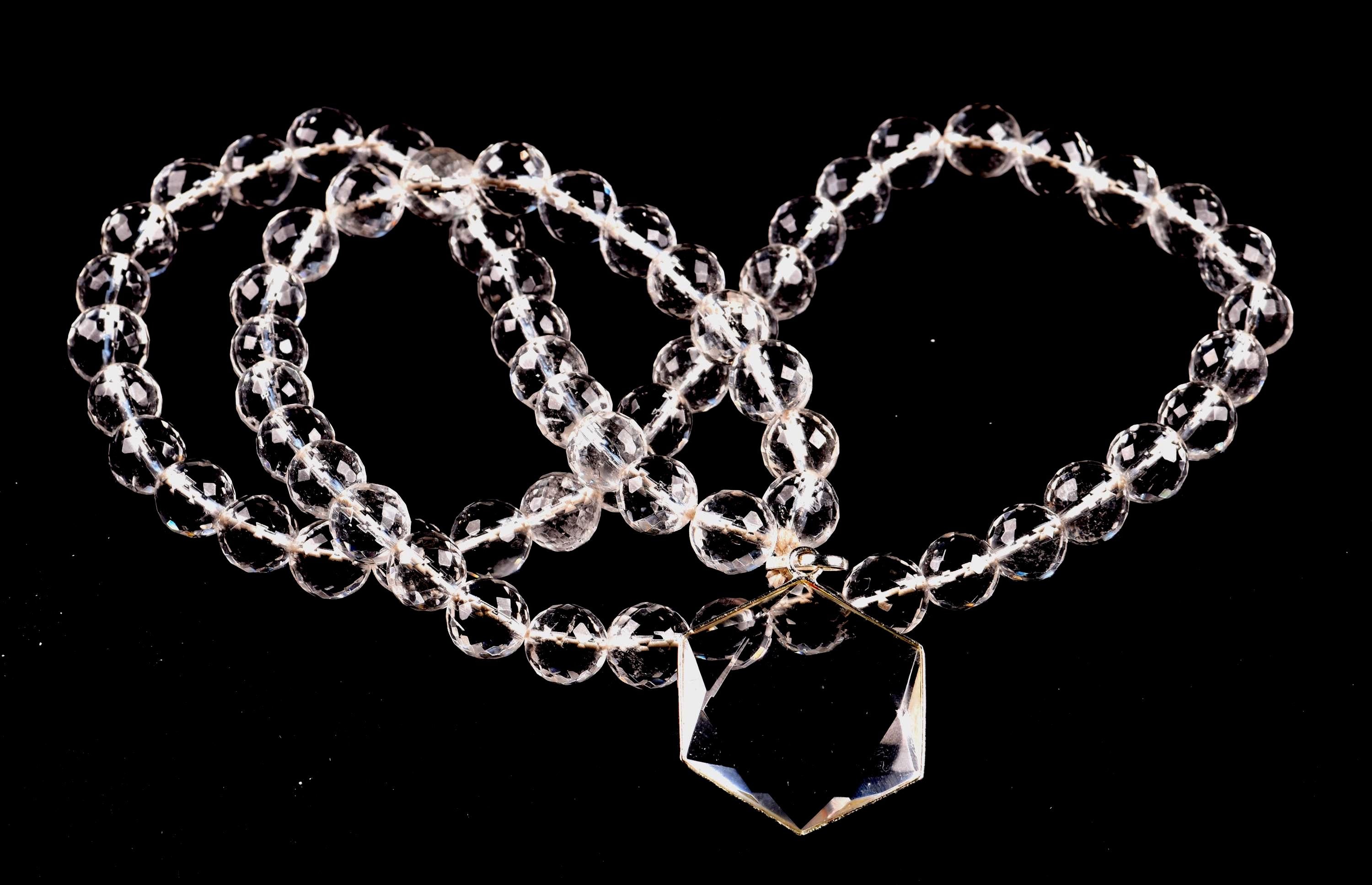 Satyaloka Quartz Necklace,10 mm Faceted Crystal Beads with Hexagonal Pendant#8071