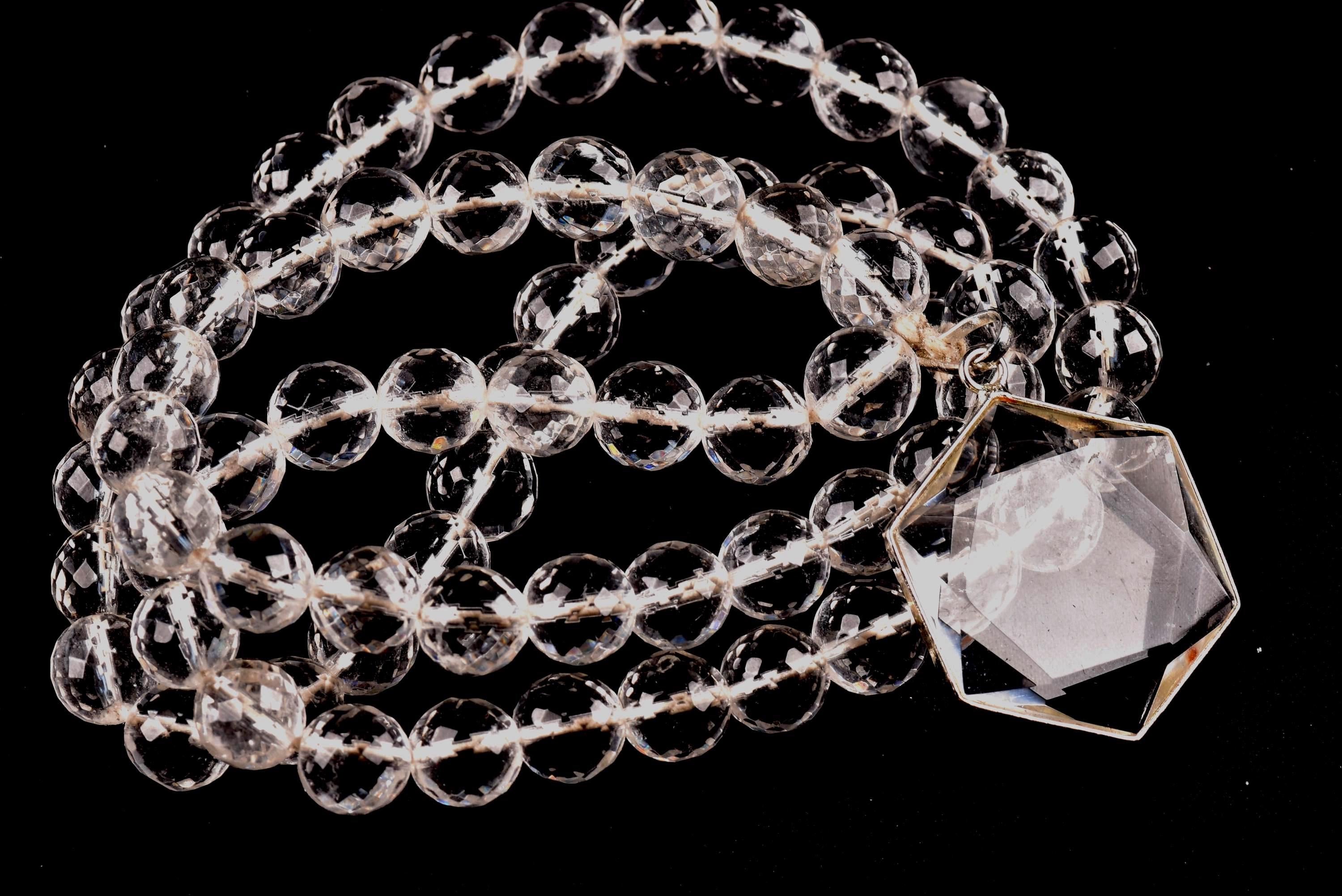 Satyaloka Quartz Necklace,10 mm Faceted Crystal Beads with Hexagonal Pendant#8071
