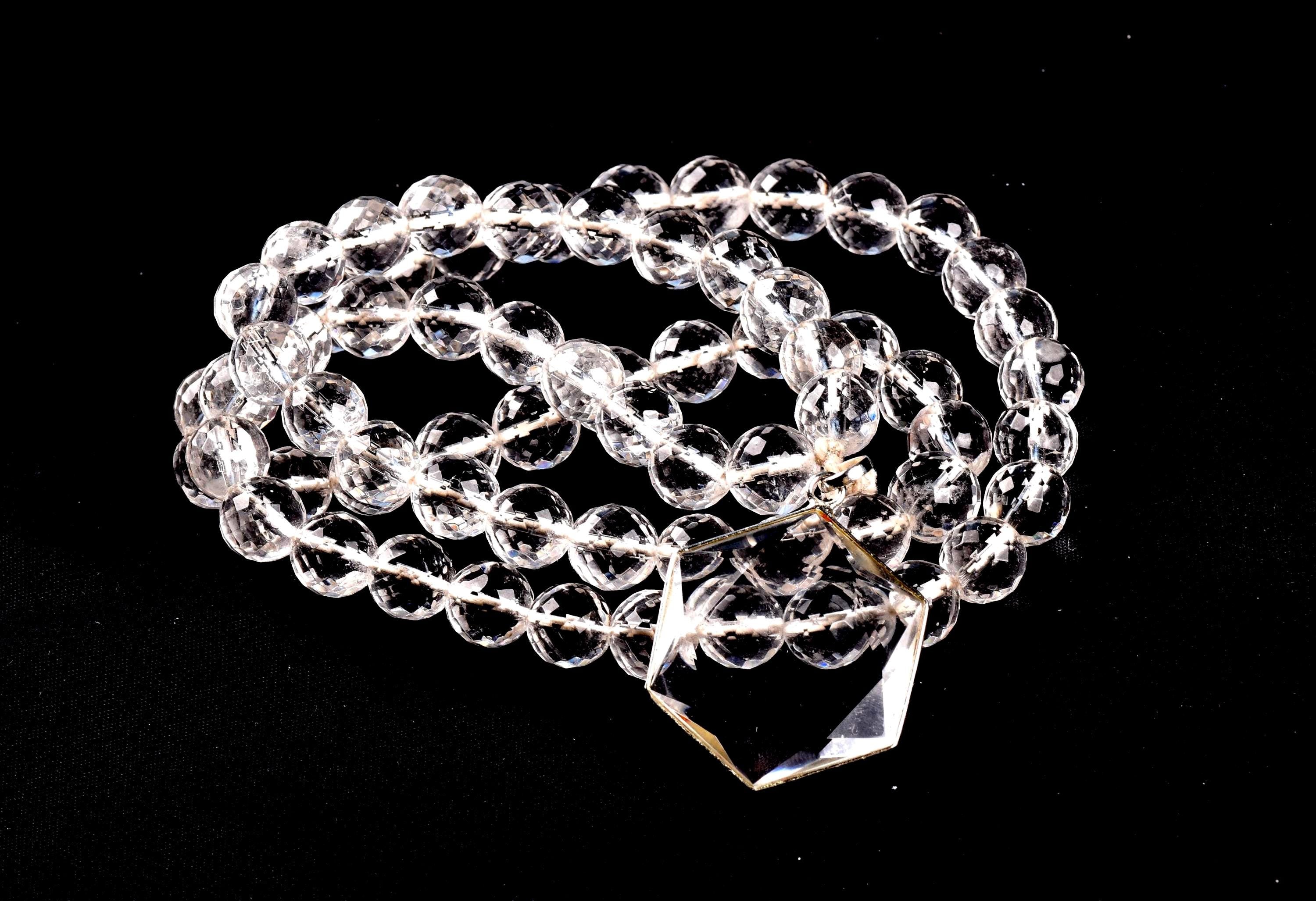 Satyaloka Quartz Necklace,10 mm Faceted Crystal Beads with Hexagonal Pendant#8071