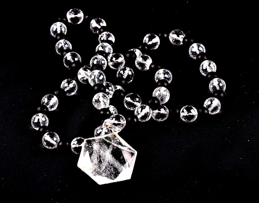 Satyaloka 10 mm faceted Quartz & Karungali Bead Mala with Hexagonal Pendant#8072