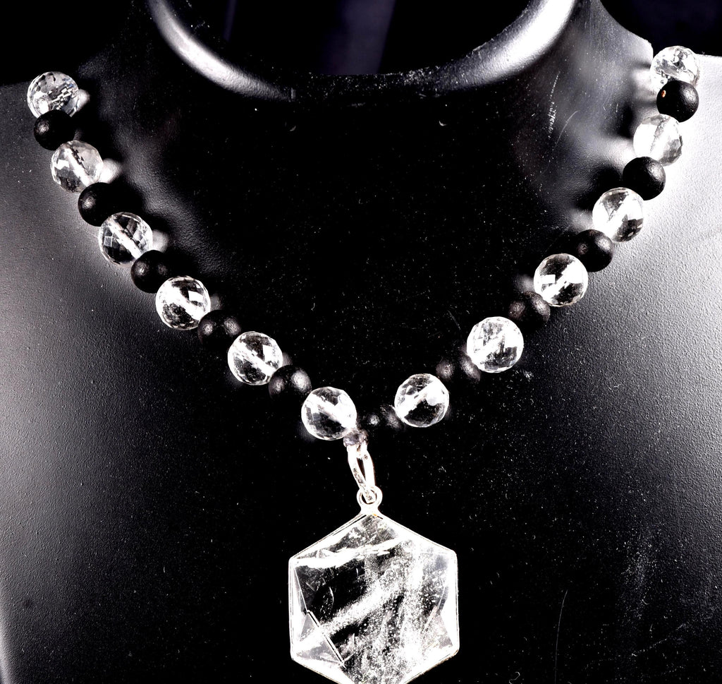 Satyaloka 10 mm faceted Quartz & Karungali Bead Mala with Hexagonal Pendant#8072
