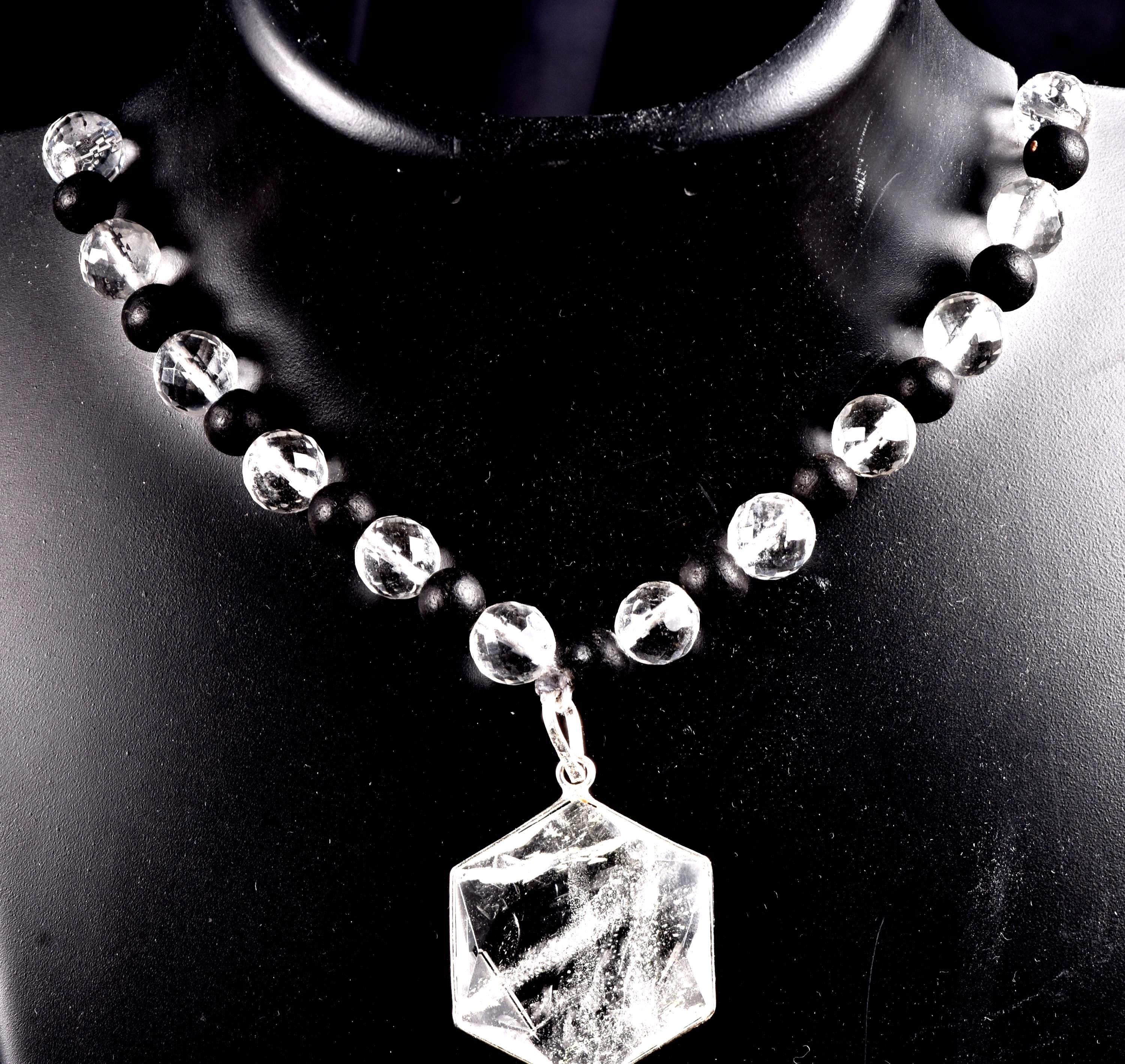 Satyaloka 10 mm faceted Quartz & Karungali Bead Mala with Hexagonal Pendant#8072