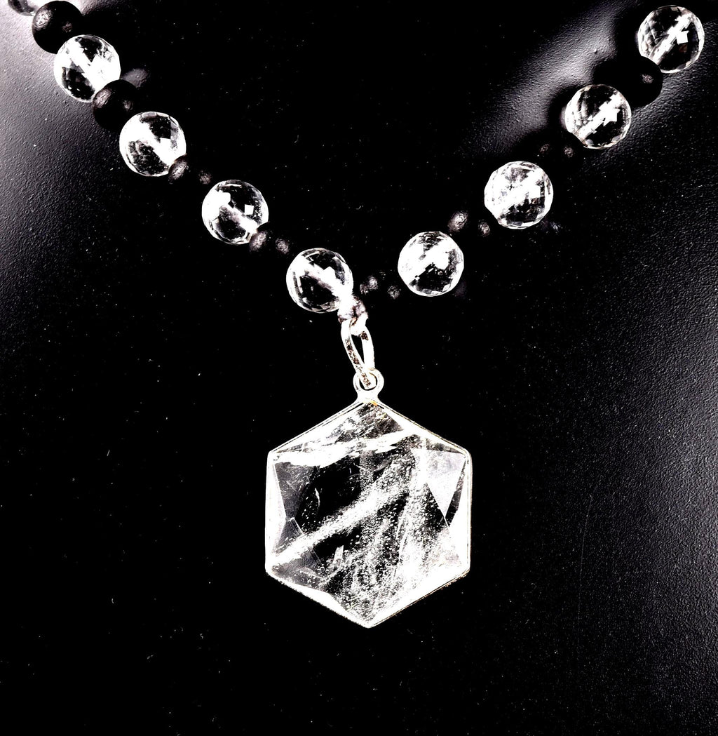 Satyaloka 10 mm faceted Quartz & Karungali Bead Mala with Hexagonal Pendant#8072