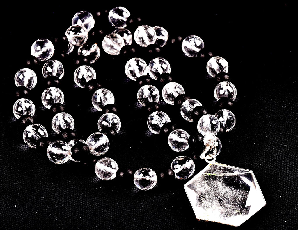 Satyaloka 10 mm faceted Quartz & Karungali Bead Mala with Hexagonal Pendant#8072