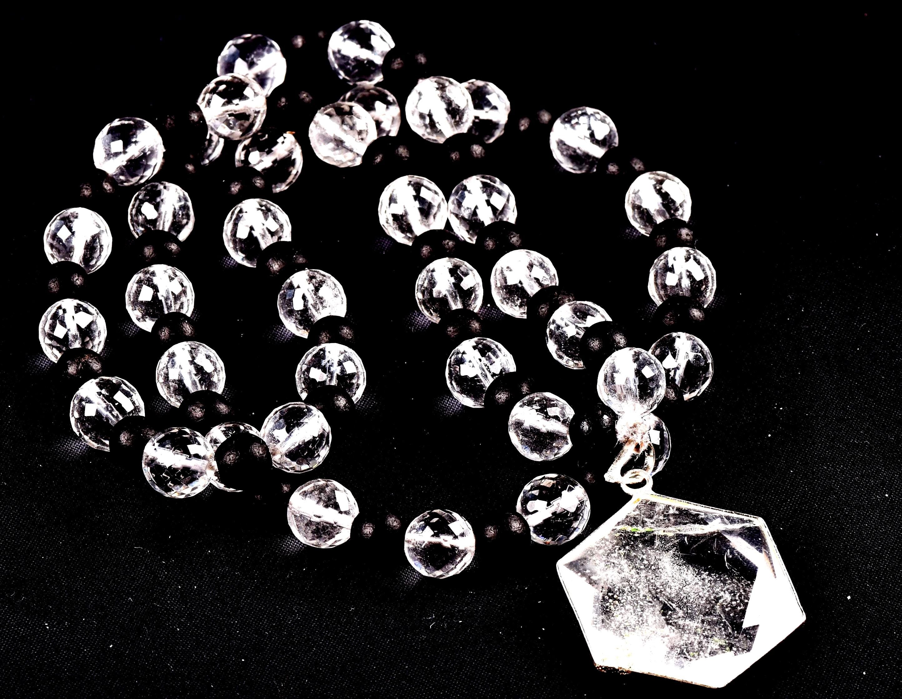 Satyaloka 10 mm faceted Quartz & Karungali Bead Mala with Hexagonal Pendant#8072