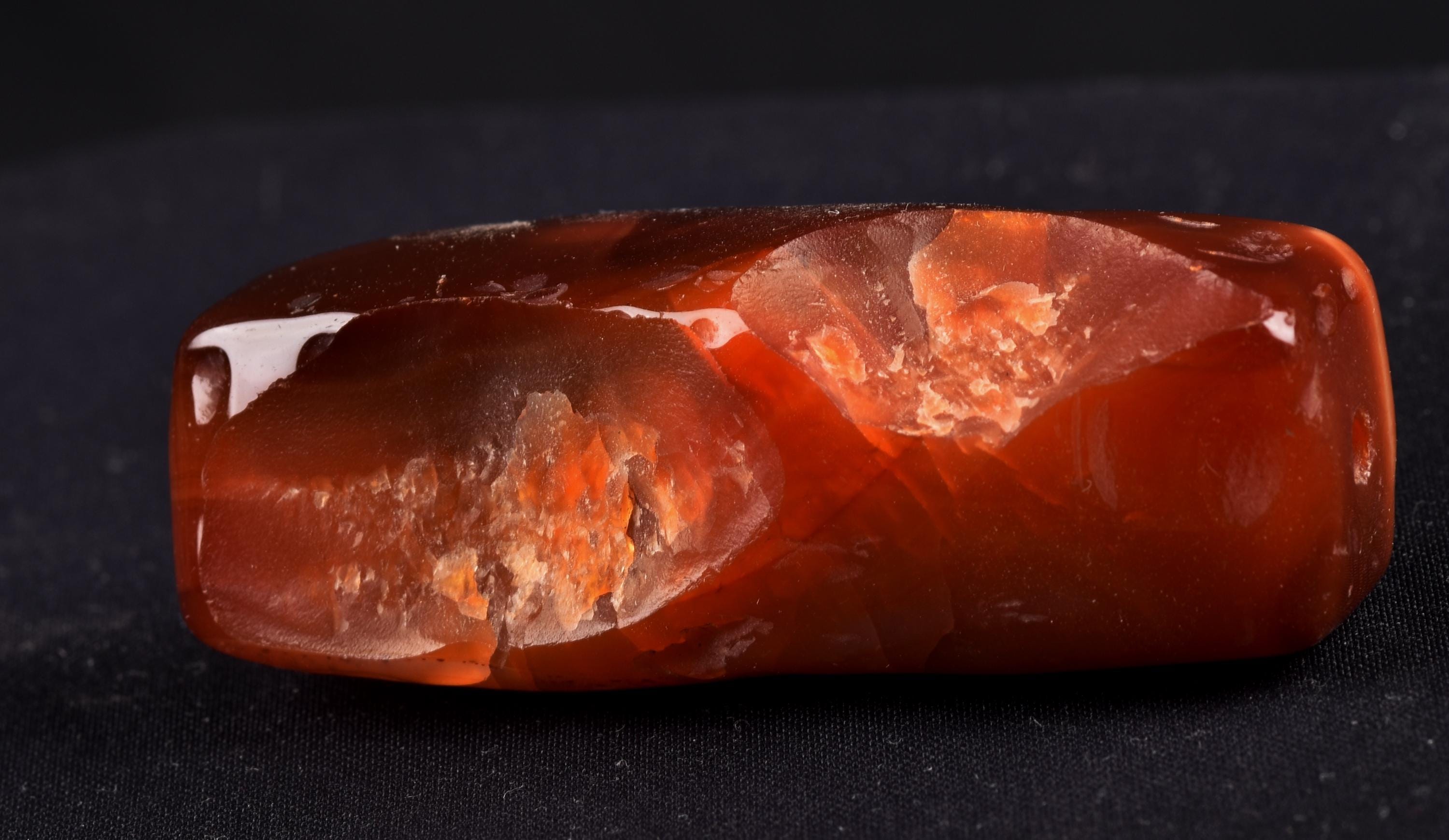 old mystic  pema raka = red lotus color  Carnelian  agate bead for strength courage creativity ''sanctified '' retualistic demadged  #8086