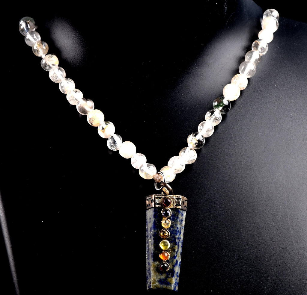 Satyaloka Satyamani quartz ,Himalayan gold ,agnitite, rutile baroque beads  Necklace with lapiz lazuli pendant  #8079