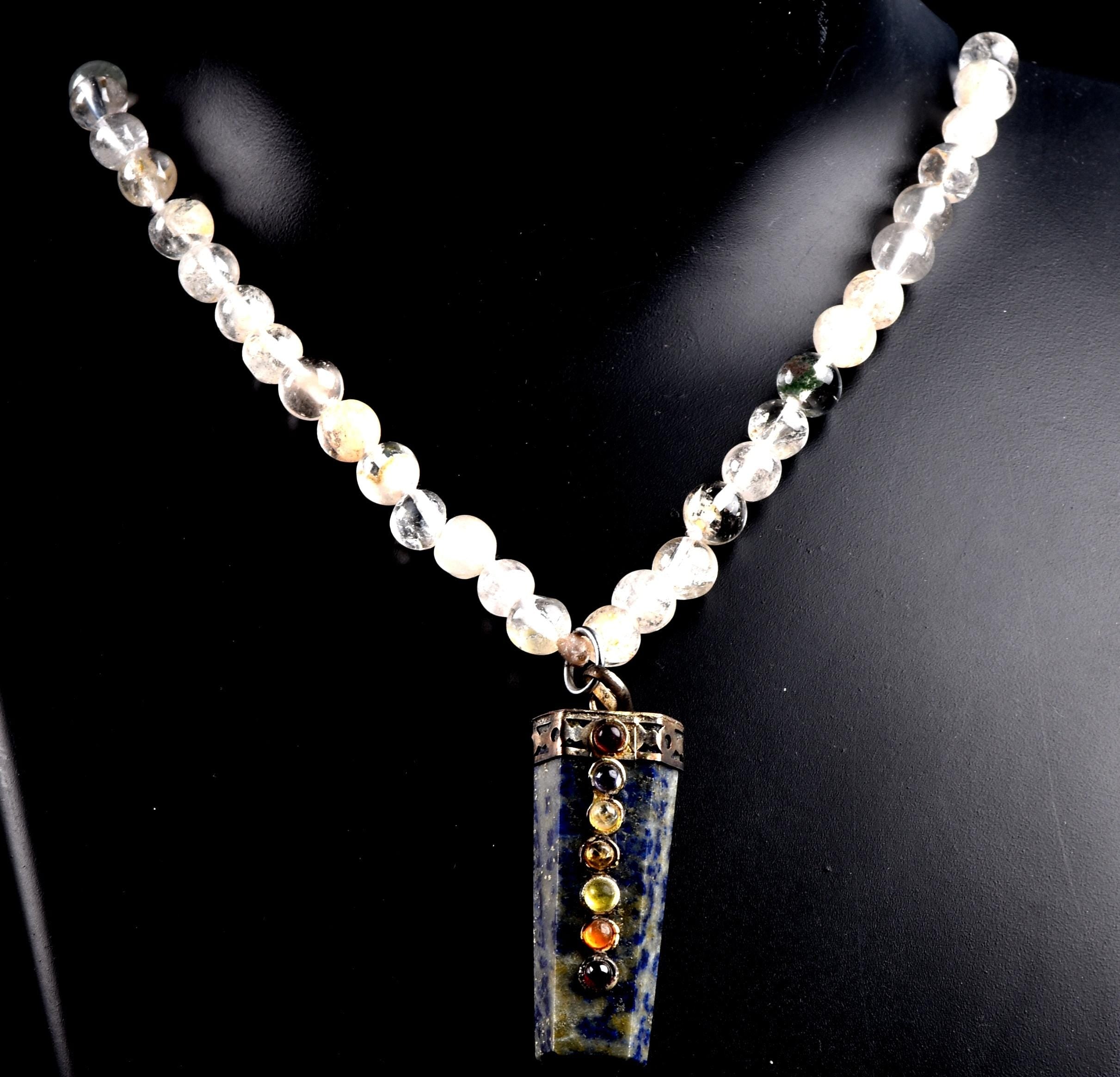 Satyaloka Satyamani quartz ,Himalayan gold ,agnitite, rutile baroque beads  Necklace with lapiz lazuli pendant  #8079