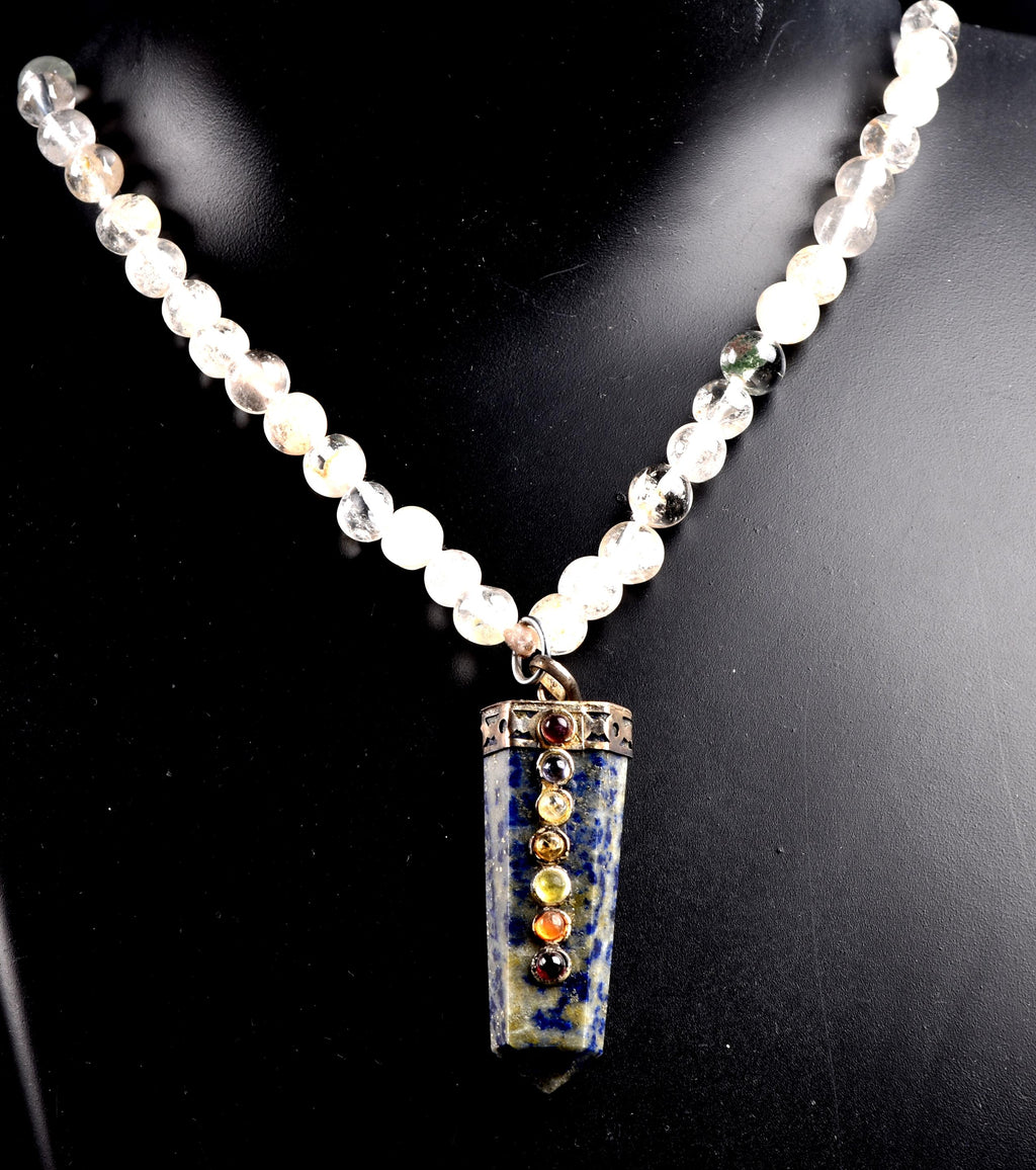 Satyaloka Satyamani quartz ,Himalayan gold ,agnitite, rutile baroque beads  Necklace with lapiz lazuli pendant  #8079