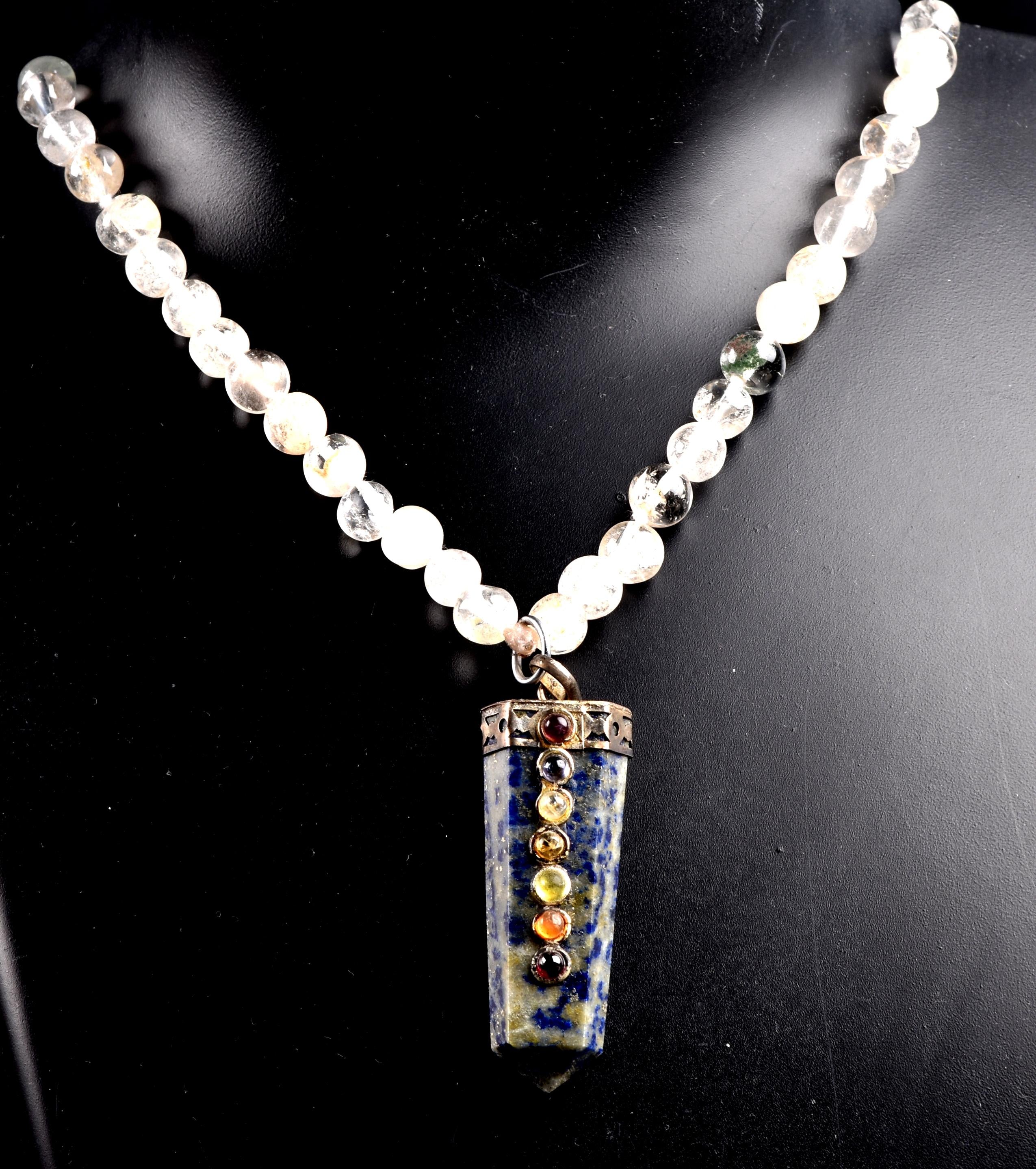 Satyaloka Satyamani quartz ,Himalayan gold ,agnitite, rutile baroque beads  Necklace with lapiz lazuli pendant  #8079
