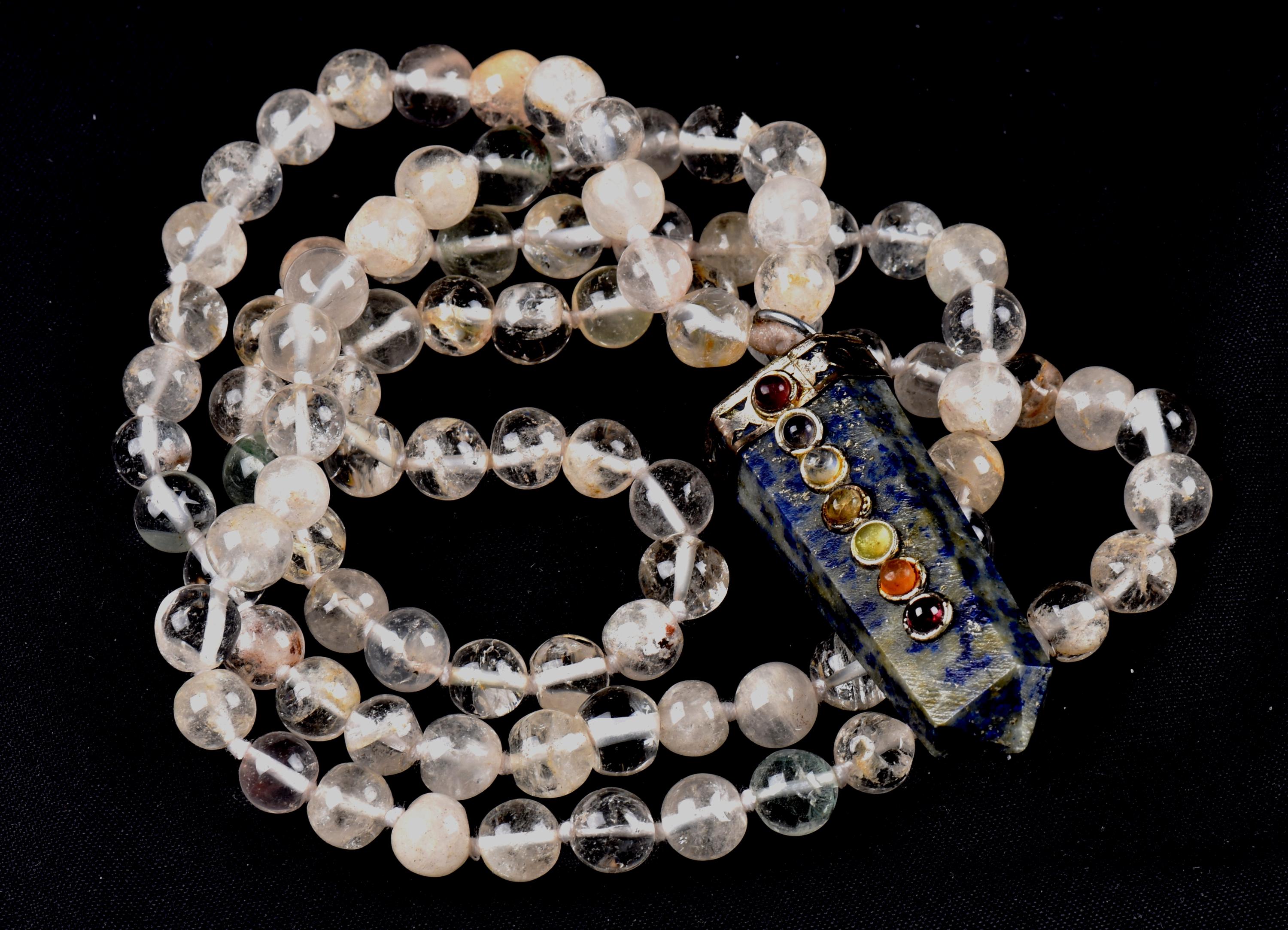 Satyaloka Satyamani quartz ,Himalayan gold ,agnitite, rutile baroque beads  Necklace with lapiz lazuli pendant  #8079