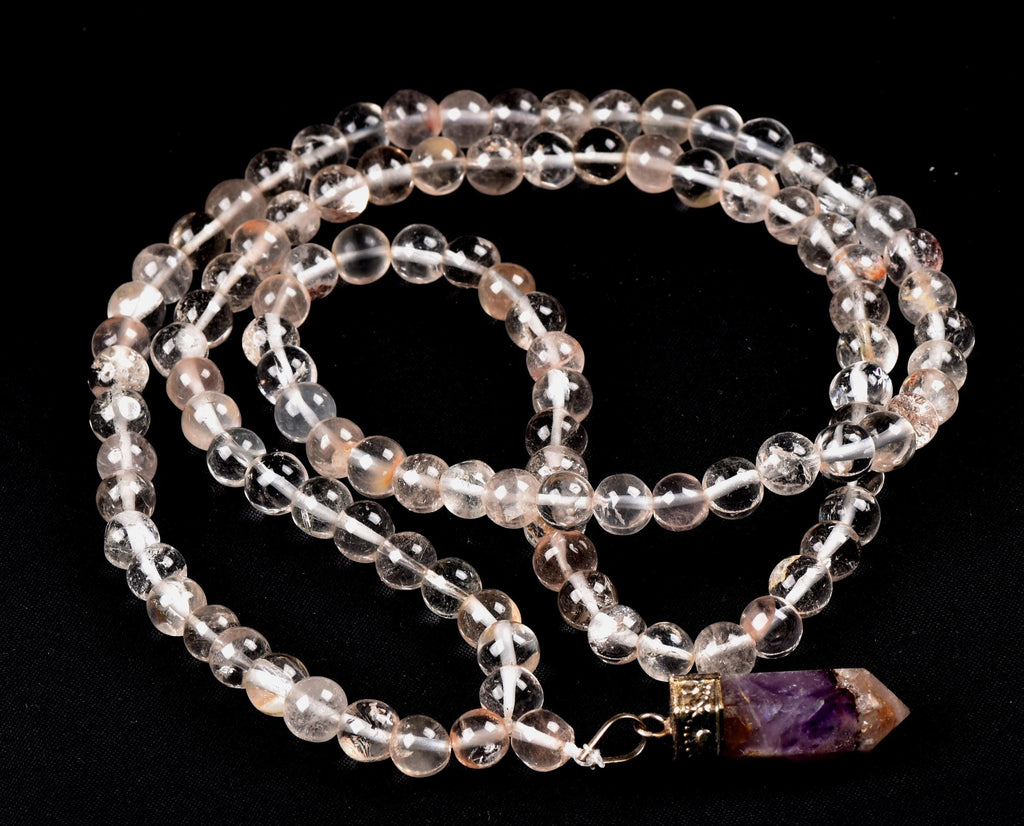 Satyaloka Satyamani quartz 108 +1 Beads  Rosary /Necklace  with super seven pendant. # 8142