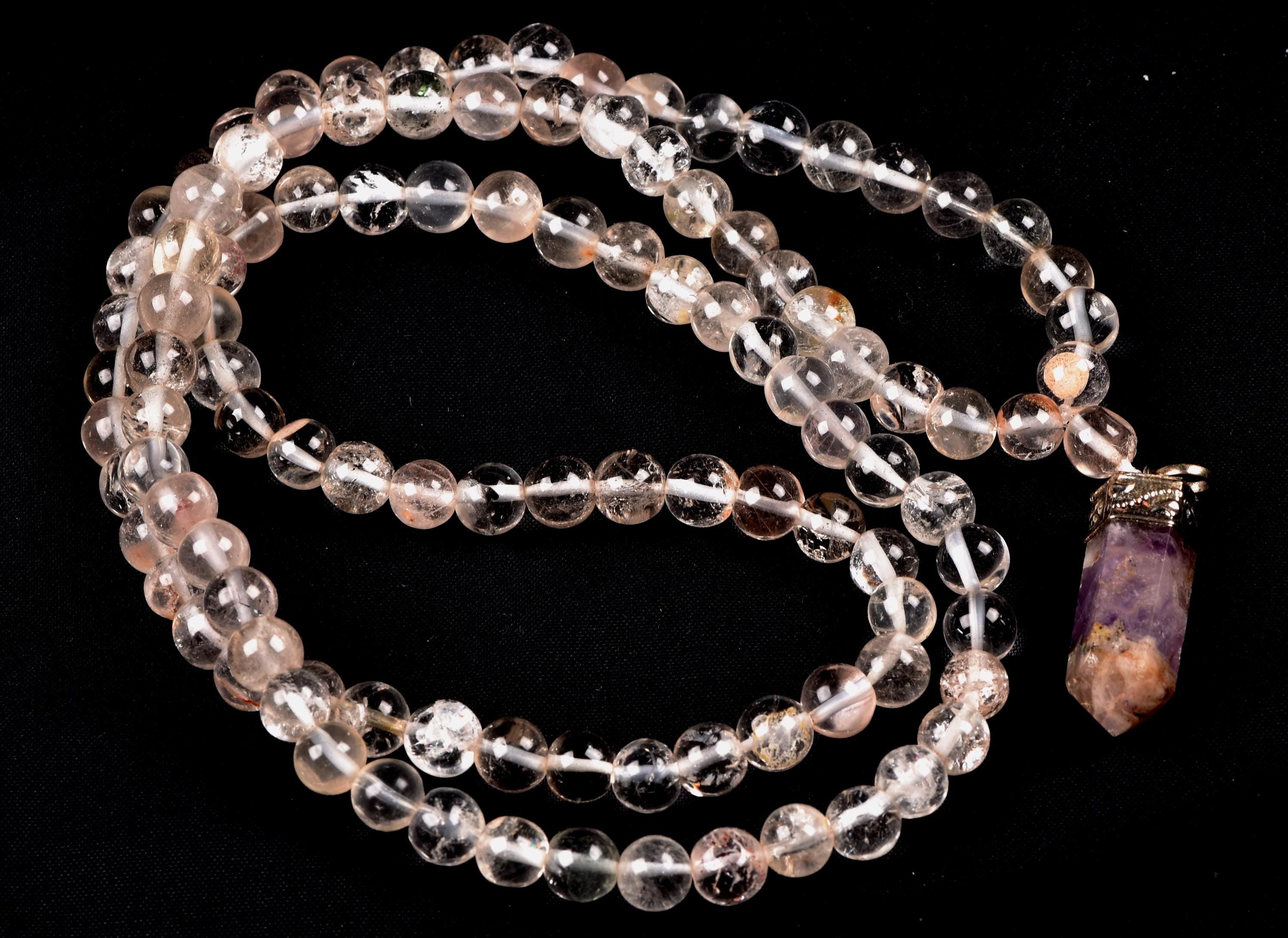 Satyaloka Satyamani quartz 108 +1 Beads  Rosary /Necklace  with super seven pendant. # 8142