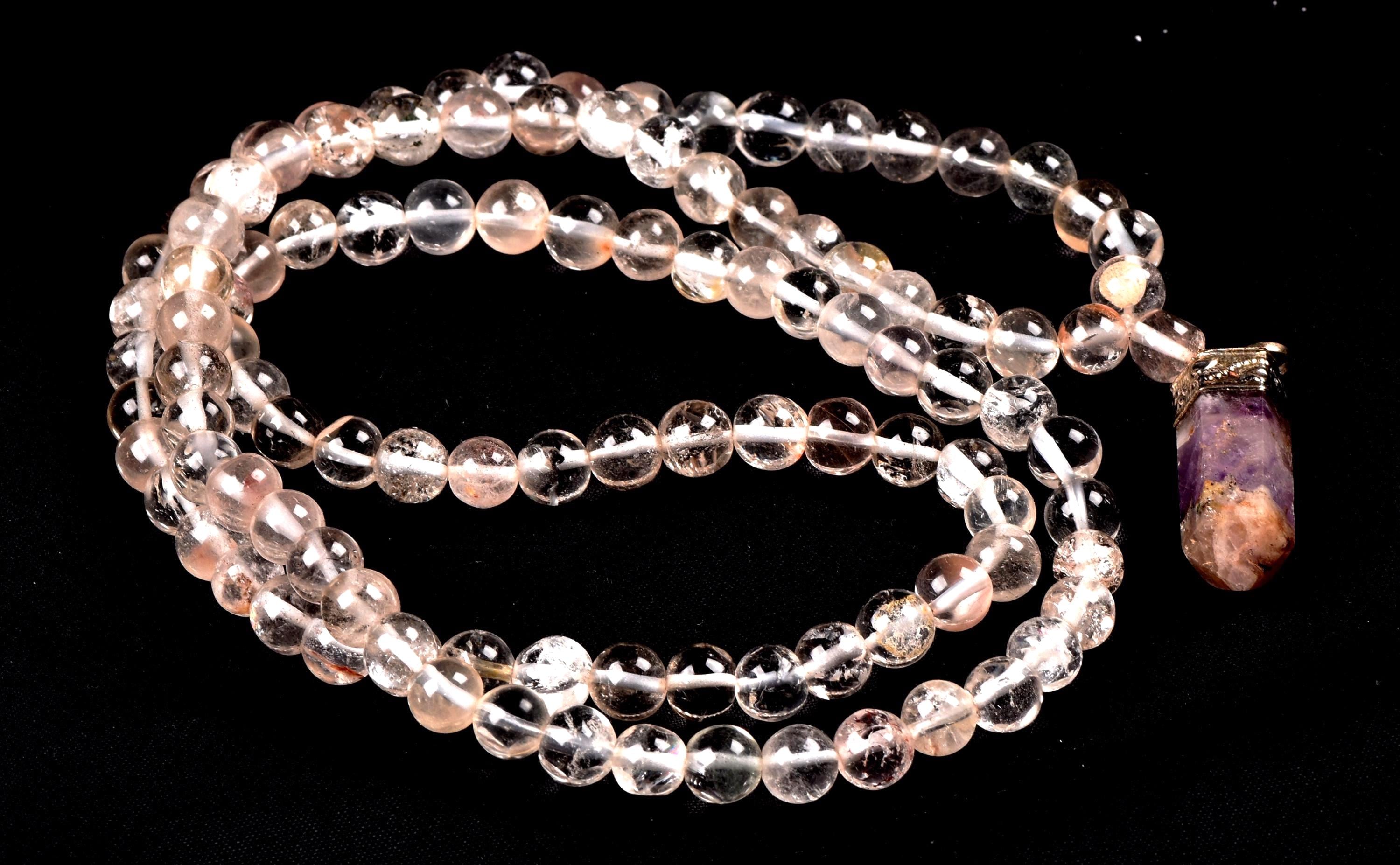 Satyaloka Satyamani quartz 108 +1 Beads  Rosary /Necklace  with super seven pendant. # 8142