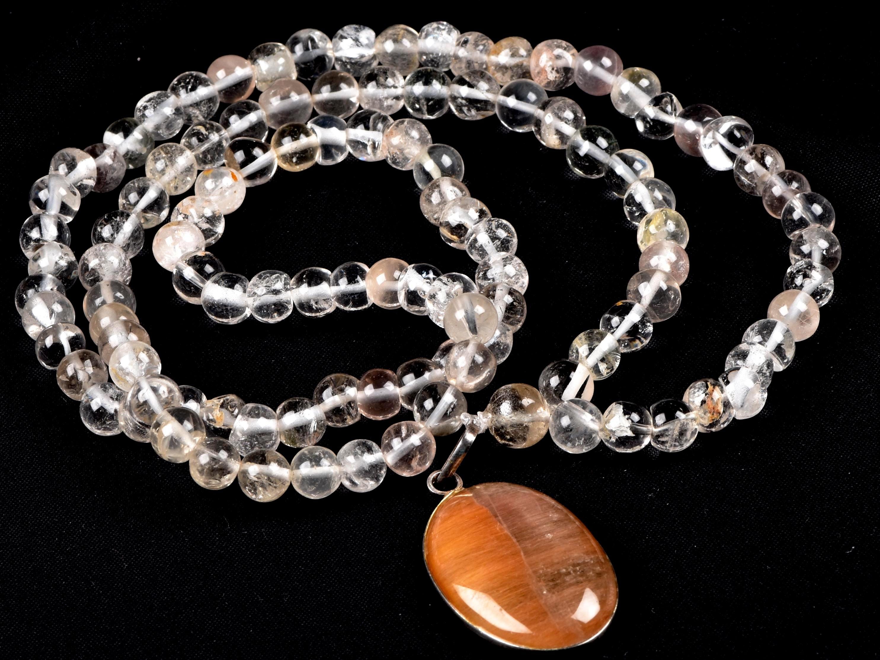 Satyaloka Satyamani quartz ,Himalayan gold ,agnitite, rutile baroque beads  Necklace with golden rutile pendant  #8145