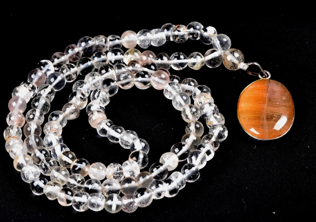 Satyaloka Satyamani quartz ,Himalayan gold ,agnitite, rutile baroque beads  Necklace with golden rutile pendant  #8145