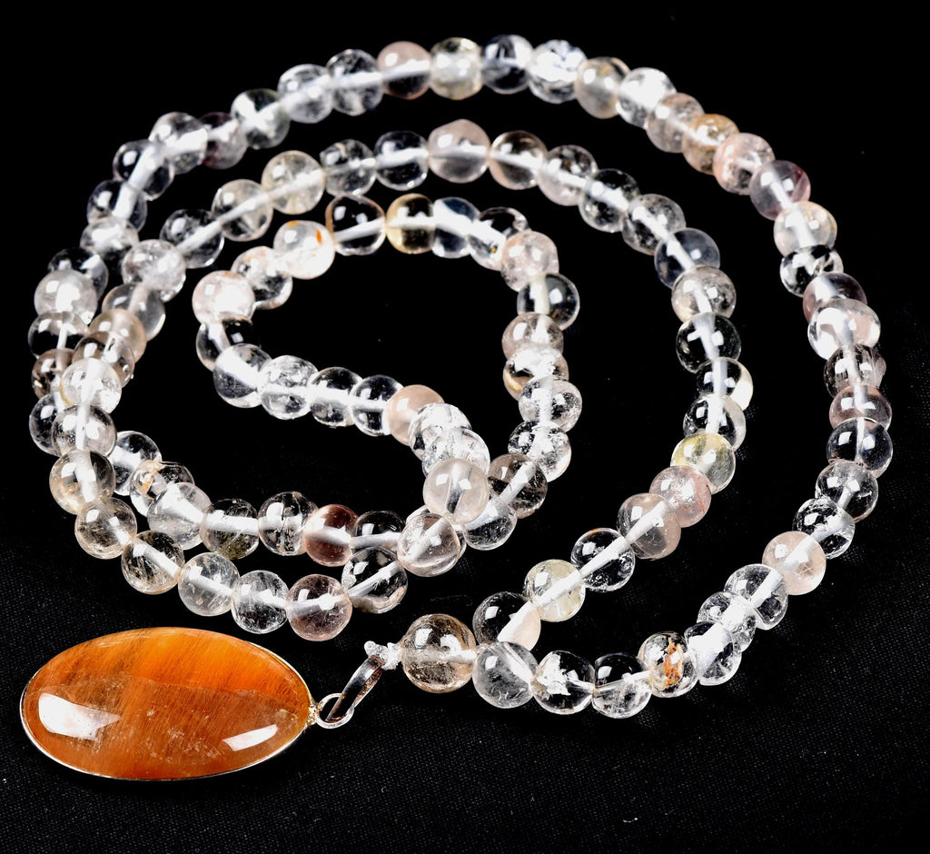 Satyaloka Satyamani quartz ,Himalayan gold ,agnitite, rutile baroque beads  Necklace with golden rutile pendant  #8145