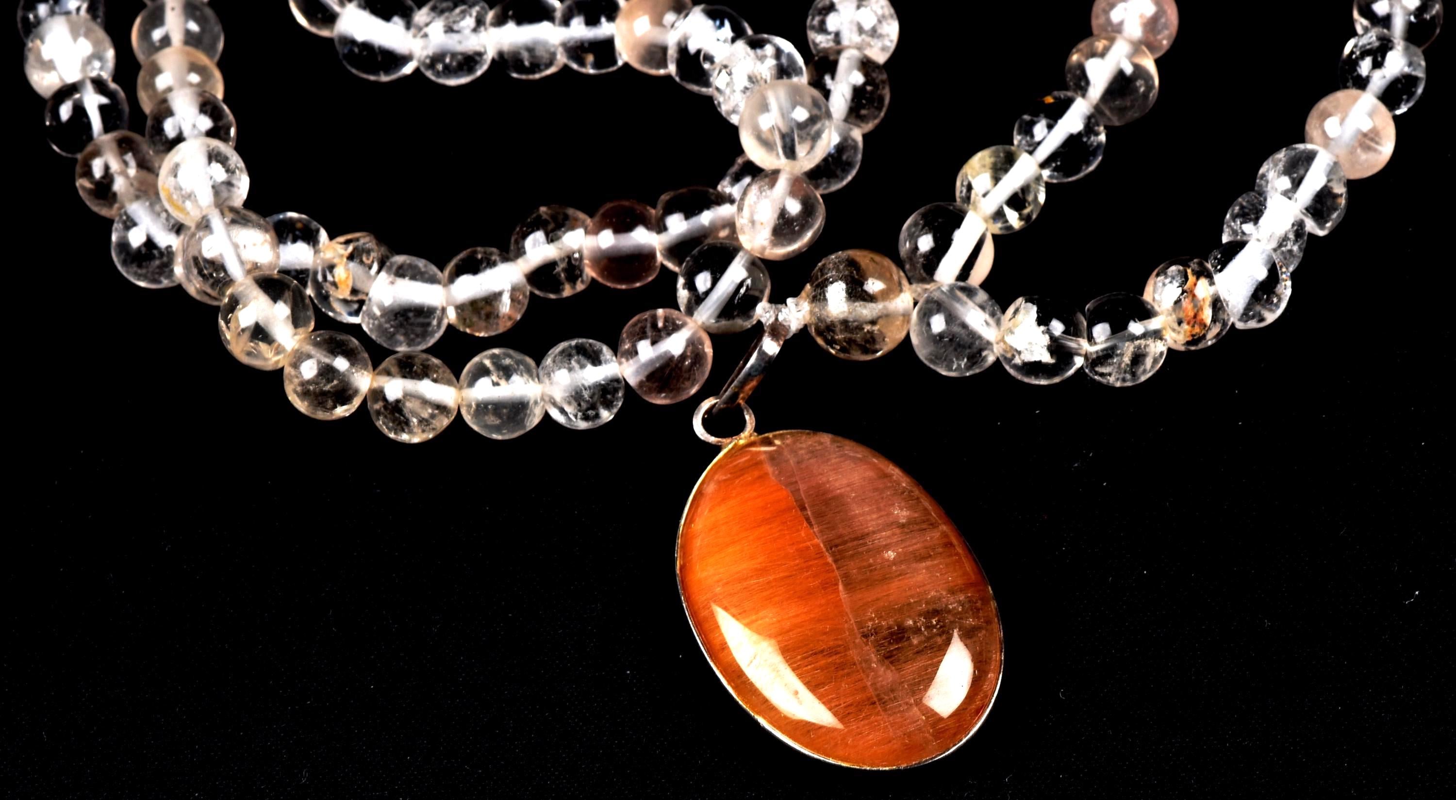 Satyaloka Satyamani quartz ,Himalayan gold ,agnitite, rutile baroque beads  Necklace with golden rutile pendant  #8145
