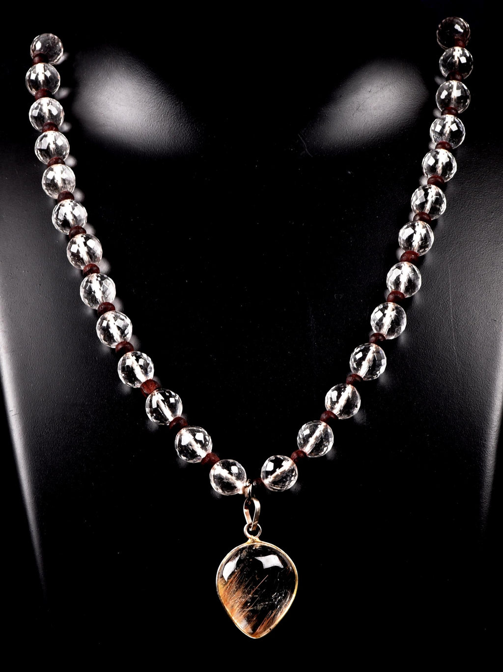 Satyaloka 10 mm faceted Quartz  Mala/ necklace with golden rutile Pendant#8150