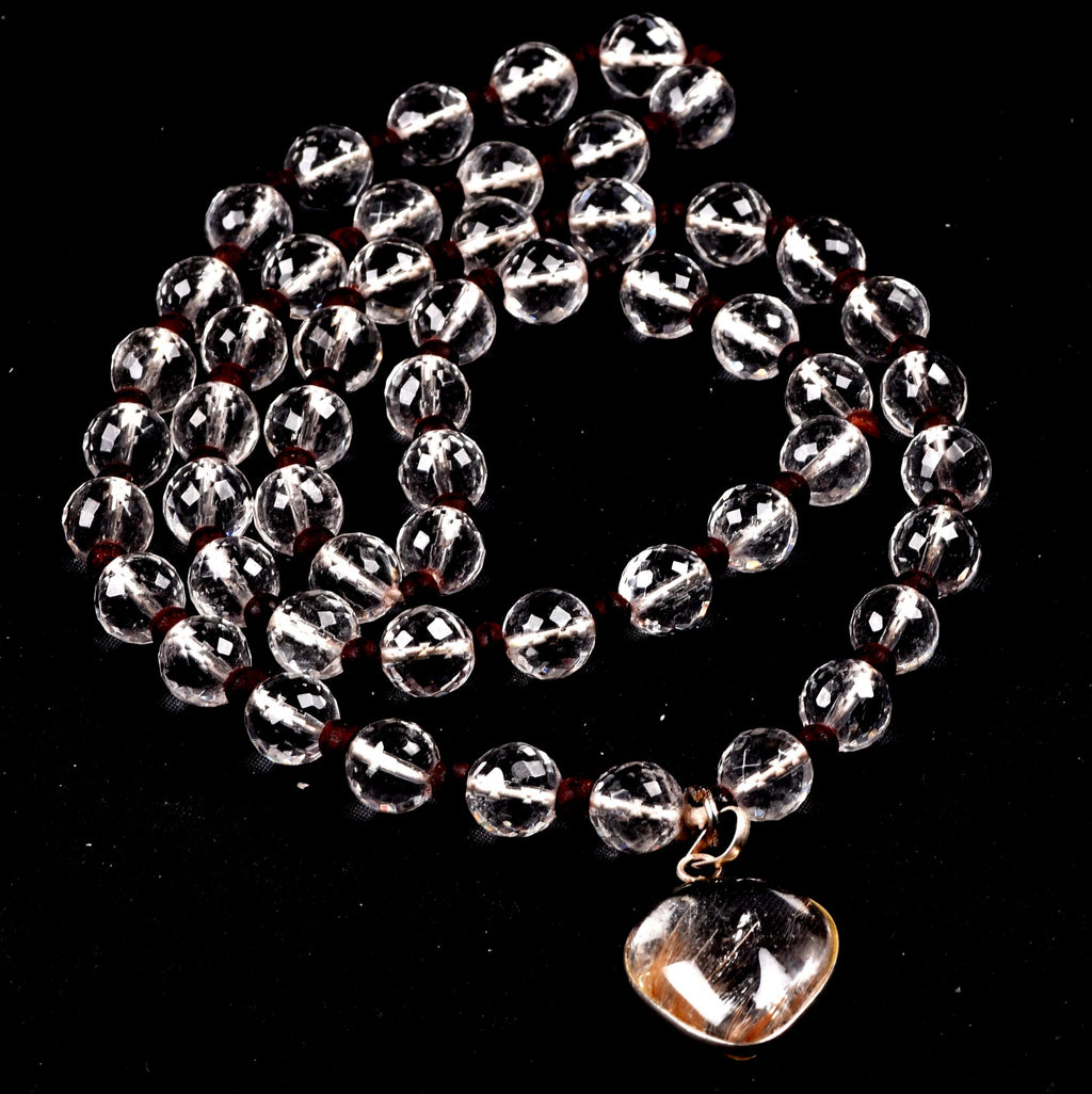 Satyaloka 10 mm faceted Quartz  Mala/ necklace with golden rutile Pendant#8150