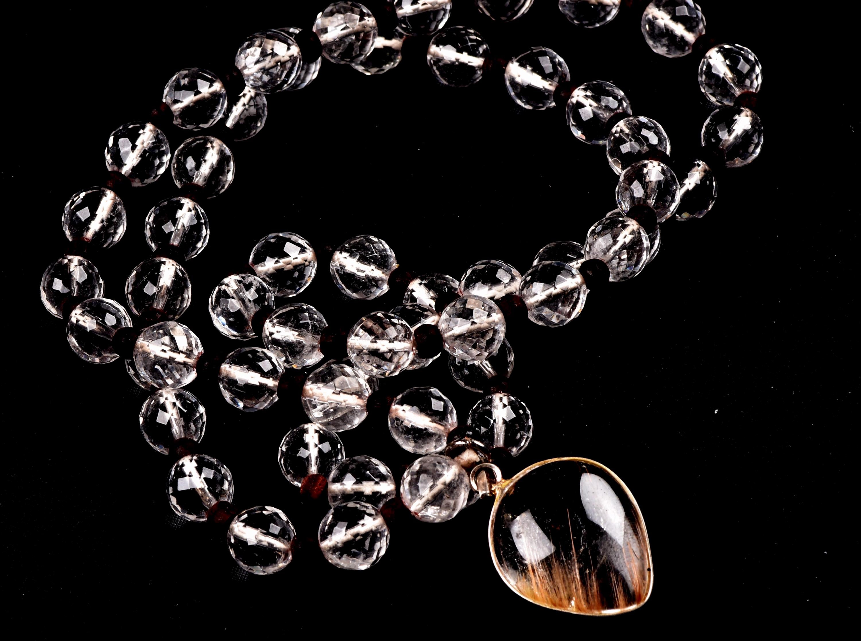 Satyaloka 10 mm faceted Quartz  Mala/ necklace with golden rutile Pendant#8150