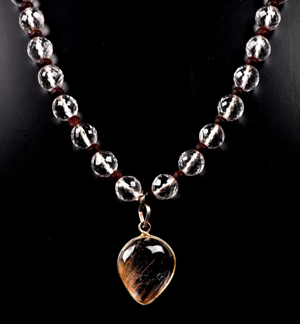 Satyaloka 10 mm faceted Quartz  Mala/ necklace with golden rutile Pendant#8150