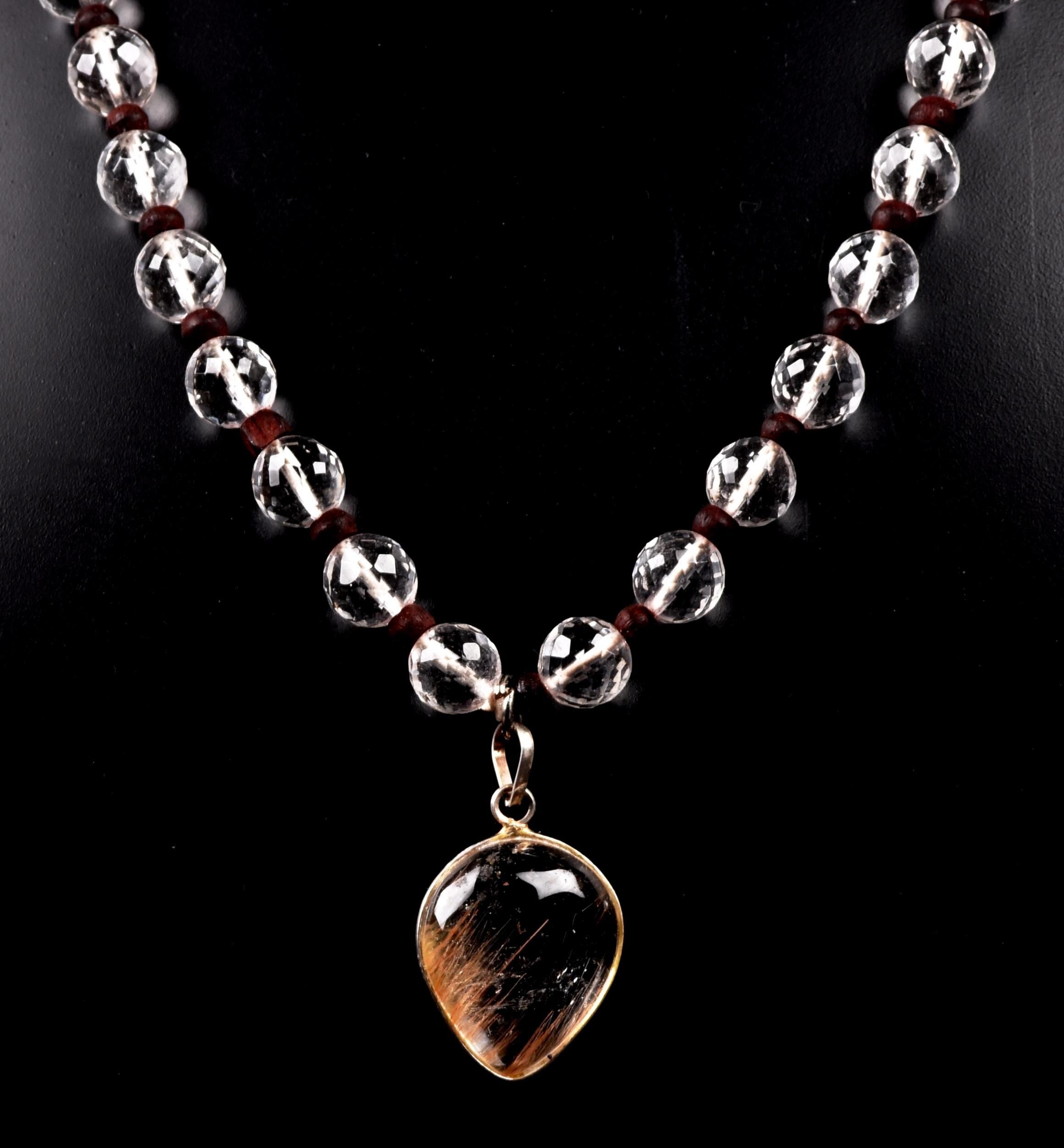 Satyaloka 10 mm faceted Quartz  Mala/ necklace with golden rutile Pendant#8150