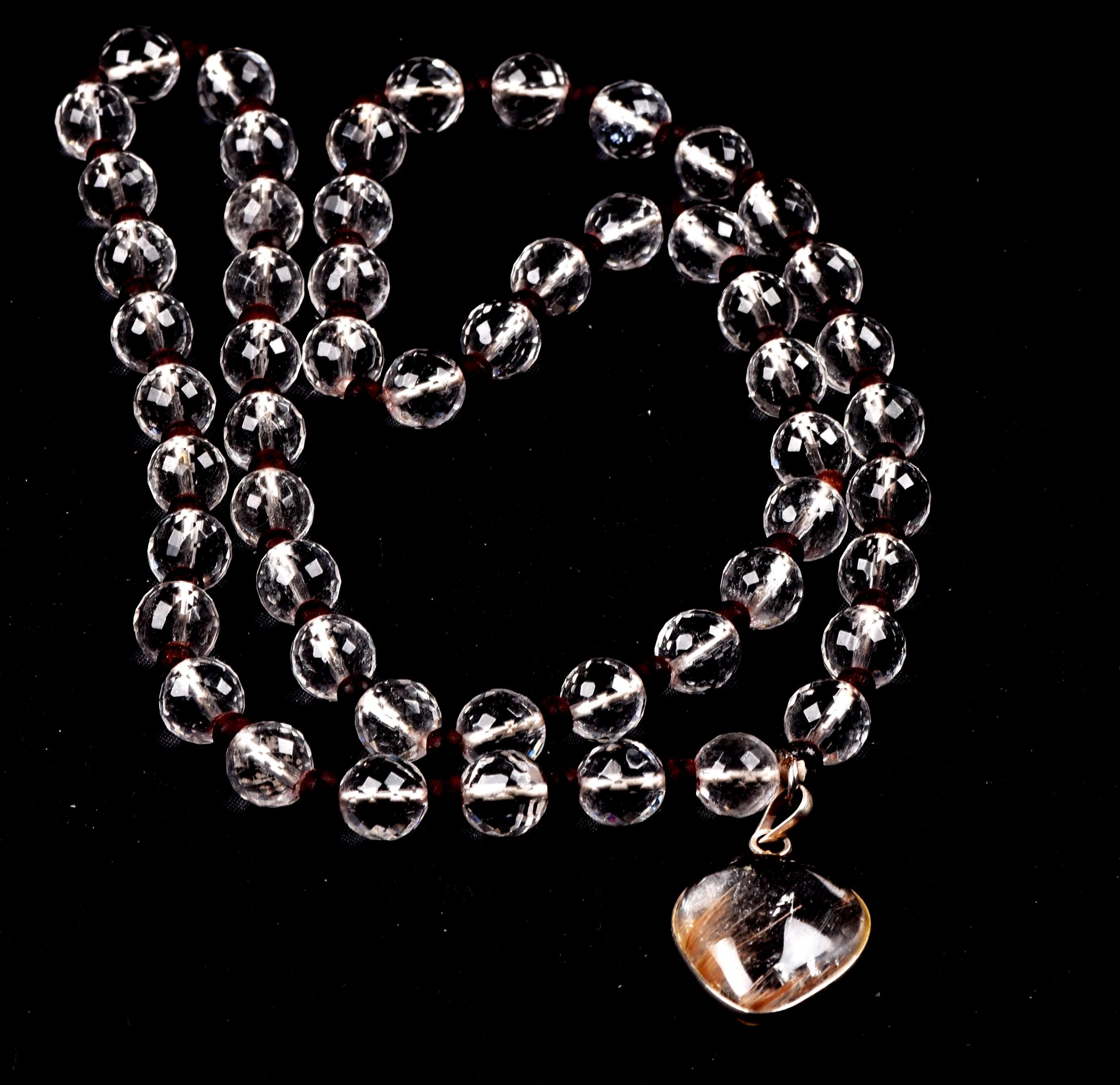 Satyaloka 10 mm faceted Quartz  Mala/ necklace with golden rutile Pendant#8150