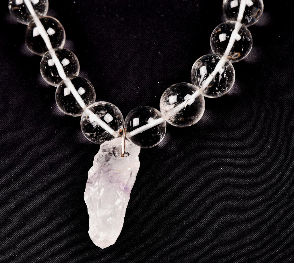 Satyaloka clear quartz  meditation Necklace with ''satyaloka '' Amethyst hue pendant # 8146