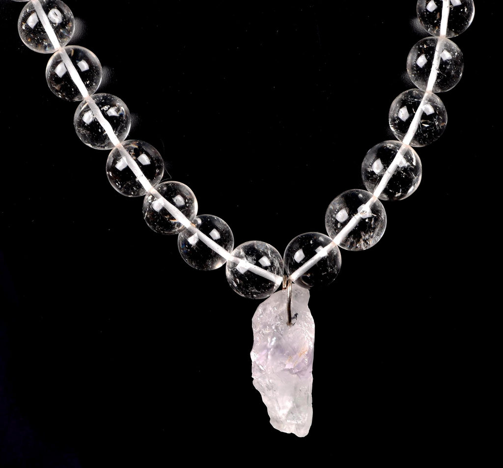 Satyaloka clear quartz  meditation Necklace with ''satyaloka '' Amethyst hue pendant # 8146