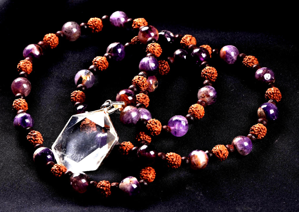 Super seven 7 melody stone necklace with red sandalwood/rudrakha beads with satyaloka hexagonal pendant sacred geometry 7084