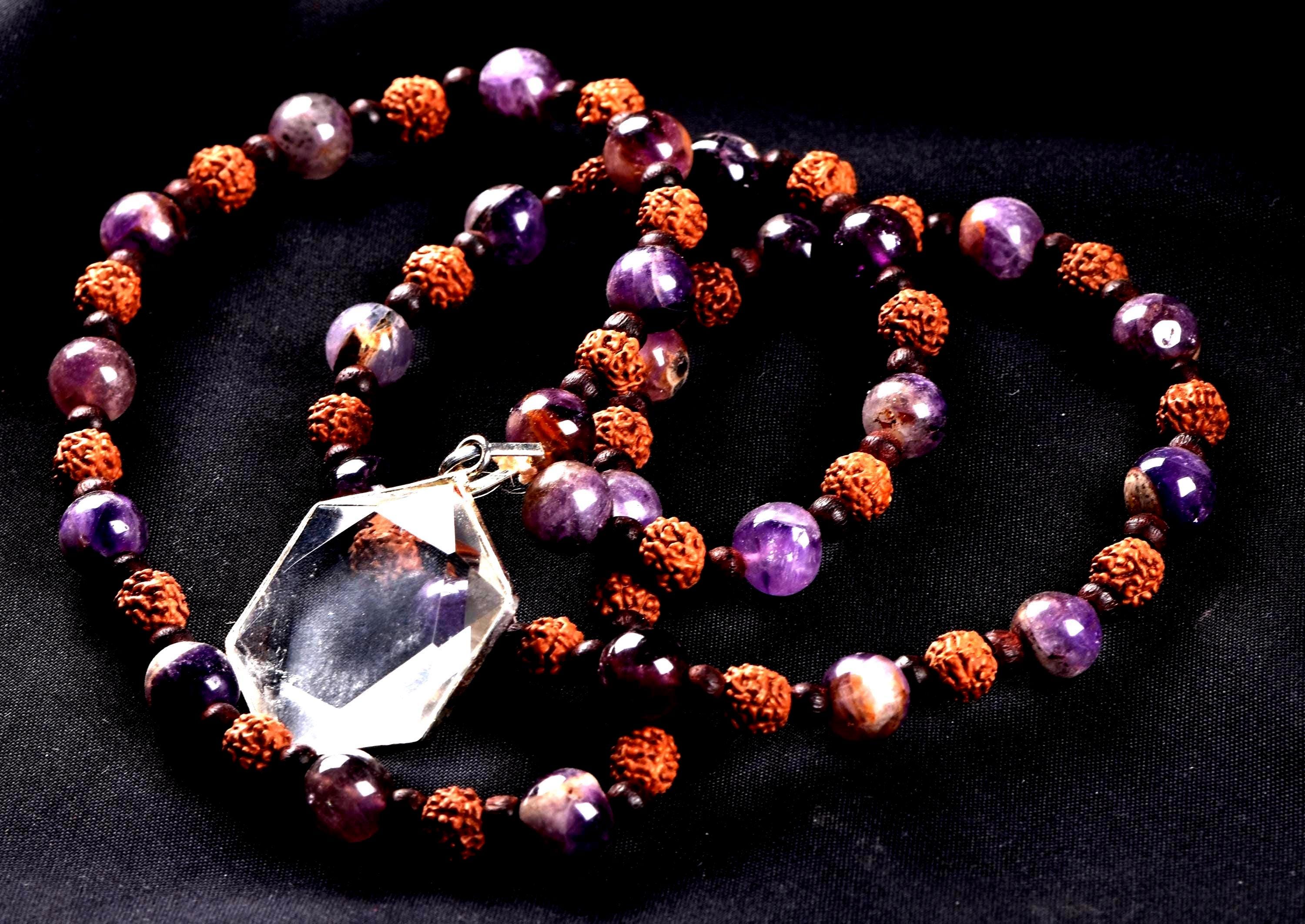 Super seven 7 melody stone necklace with red sandalwood/rudrakha beads with satyaloka hexagonal pendant sacred geometry 7084