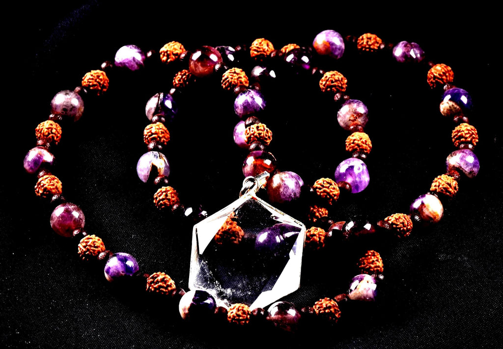 Super seven 7 melody stone necklace with red sandalwood/rudrakha beads with satyaloka hexagonal pendant sacred geometry 7084