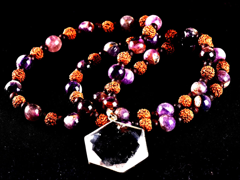 Super seven 7 melody stone necklace with red sandalwood/rudrakha beads with satyaloka hexagonal pendant sacred geometry 7084