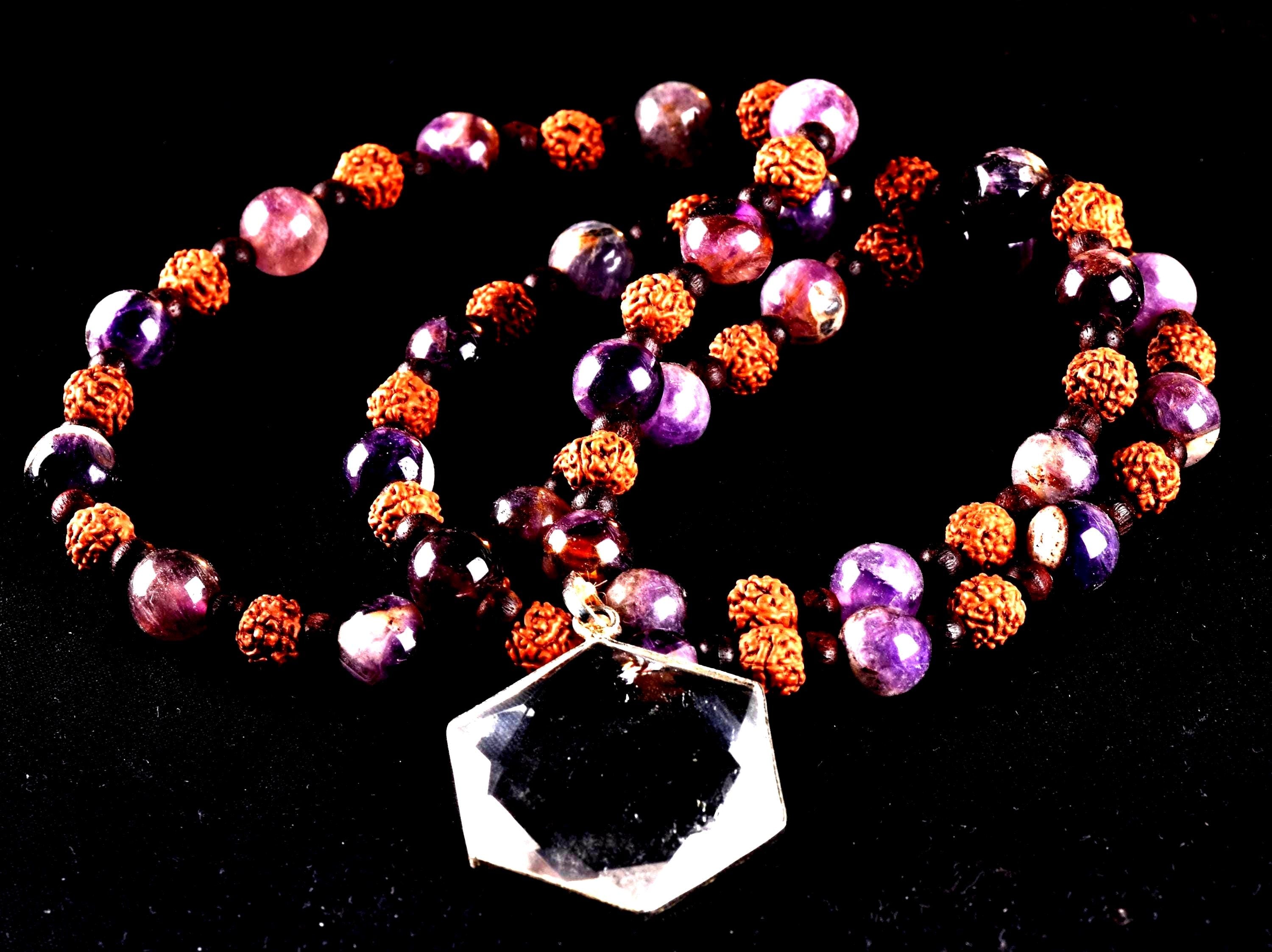Super seven 7 melody stone necklace with red sandalwood/rudrakha beads with satyaloka hexagonal pendant sacred geometry 7084