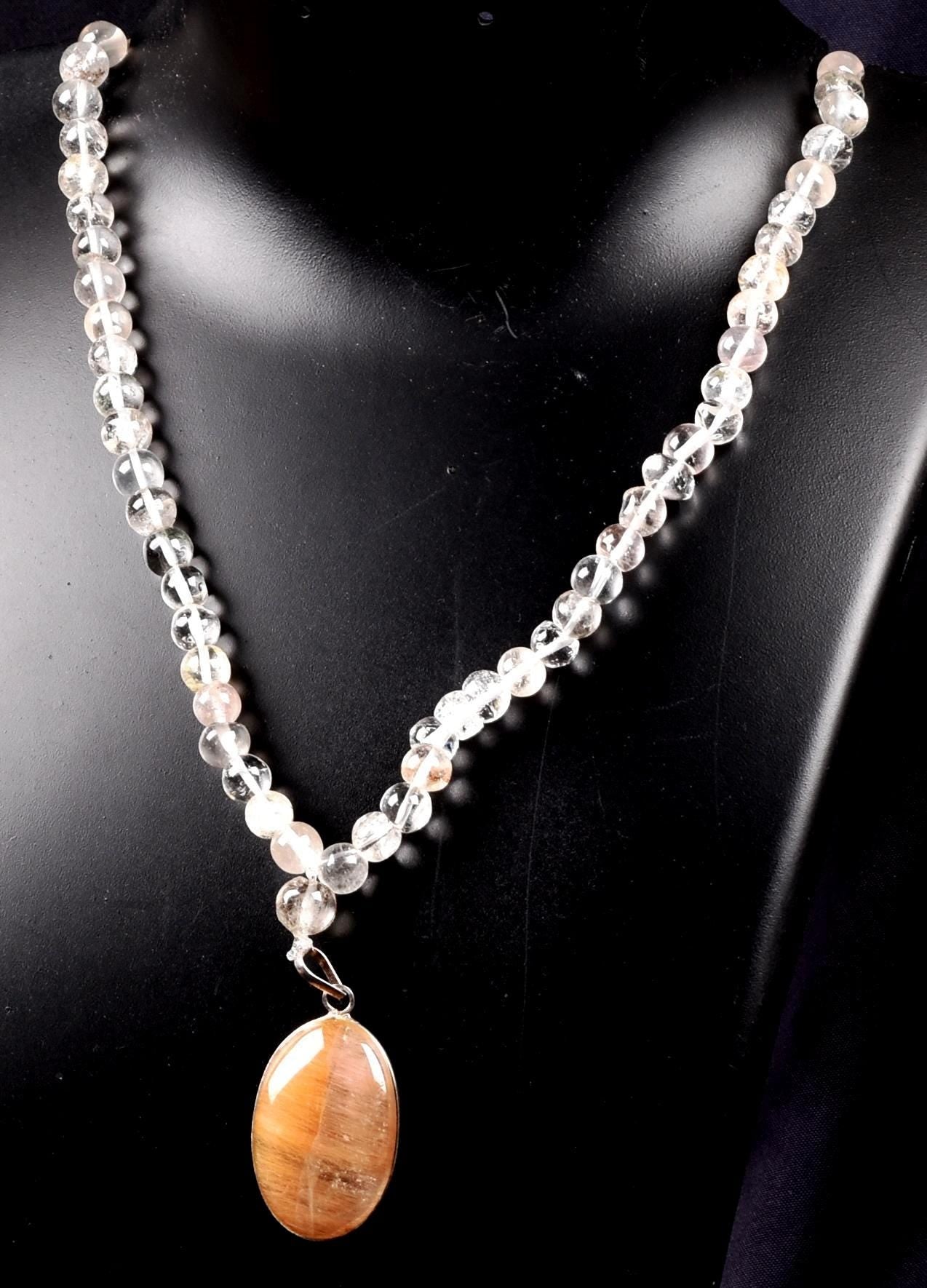 Satyaloka Satyamani quartz ,Himalayan gold ,agnitite, rutile baroque beads  Necklace with golden rutile pendant  #8145