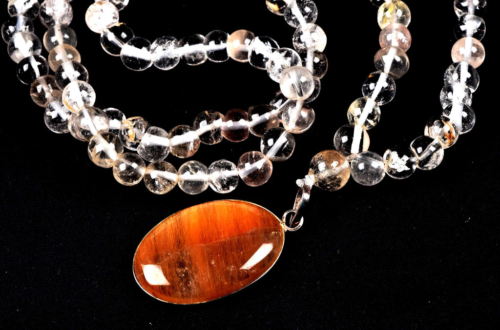 Satyaloka Satyamani quartz ,Himalayan gold ,agnitite, rutile baroque beads  Necklace with golden rutile pendant  #8145