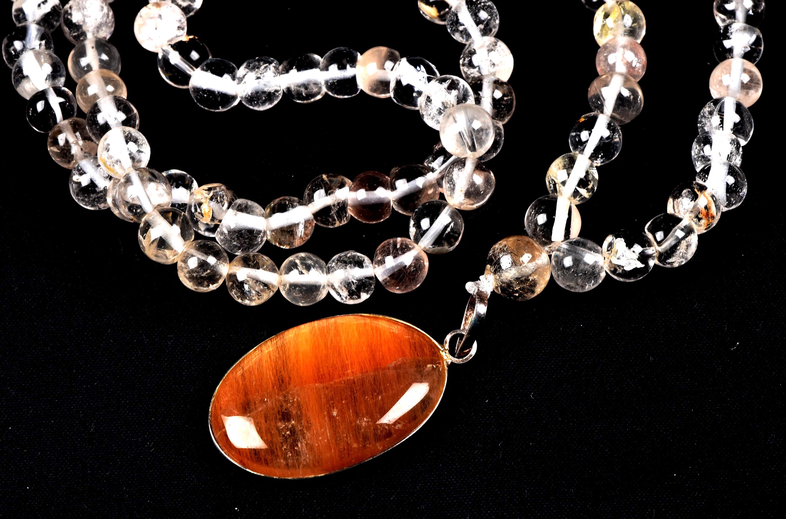 Satyaloka Satyamani quartz ,Himalayan gold ,agnitite, rutile baroque beads  Necklace with golden rutile pendant  #8145